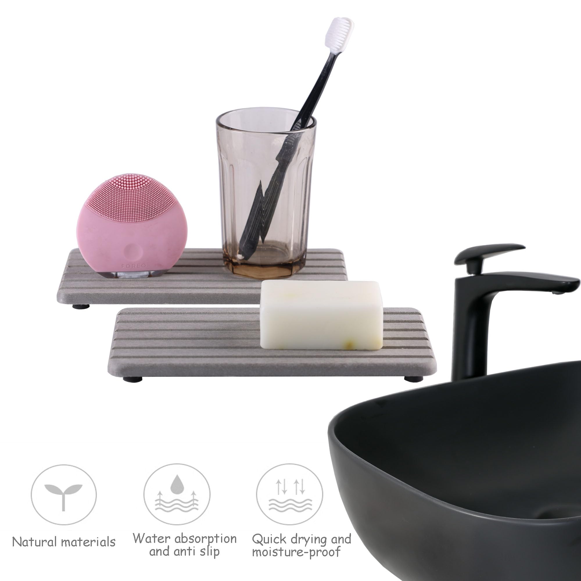 NiuYichee 2 PCS Water Absorbent diatomite Coasters, 7.1" x 3.5" Water Absorbing Stone Tray for Sink, Stone Drying mat for Kitchen Counter, Stone soap Tray Used for Hand Soaps & toiletries & Plants