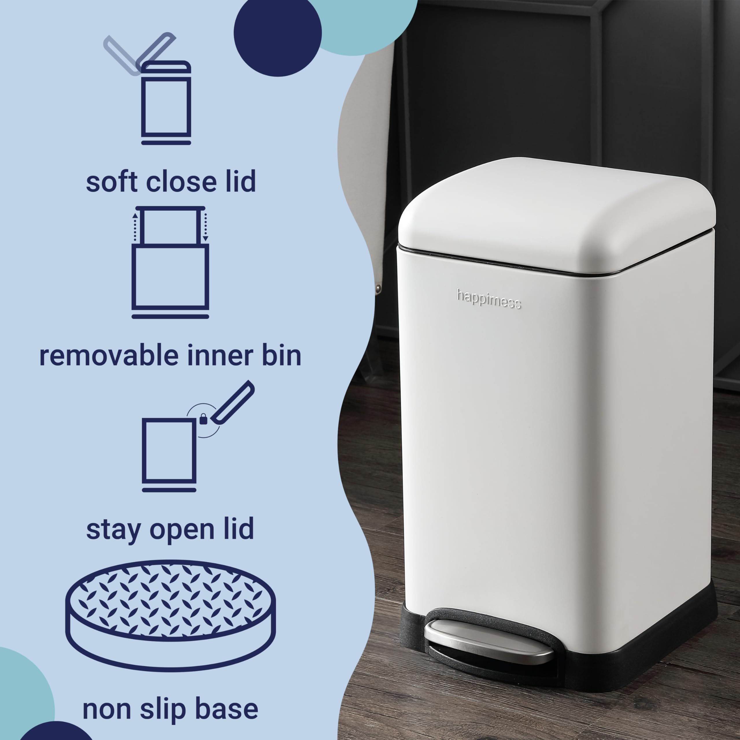 happimess HPM1012B Betty Retro Mini 3.2-Gallon Step-Open Trash Can with Soft-Close Lid, Modern, Minimalistic, Fingerprint Proof for Home, Kitchen, Laundry Room, Office, Bedroom, Bathroom, Black