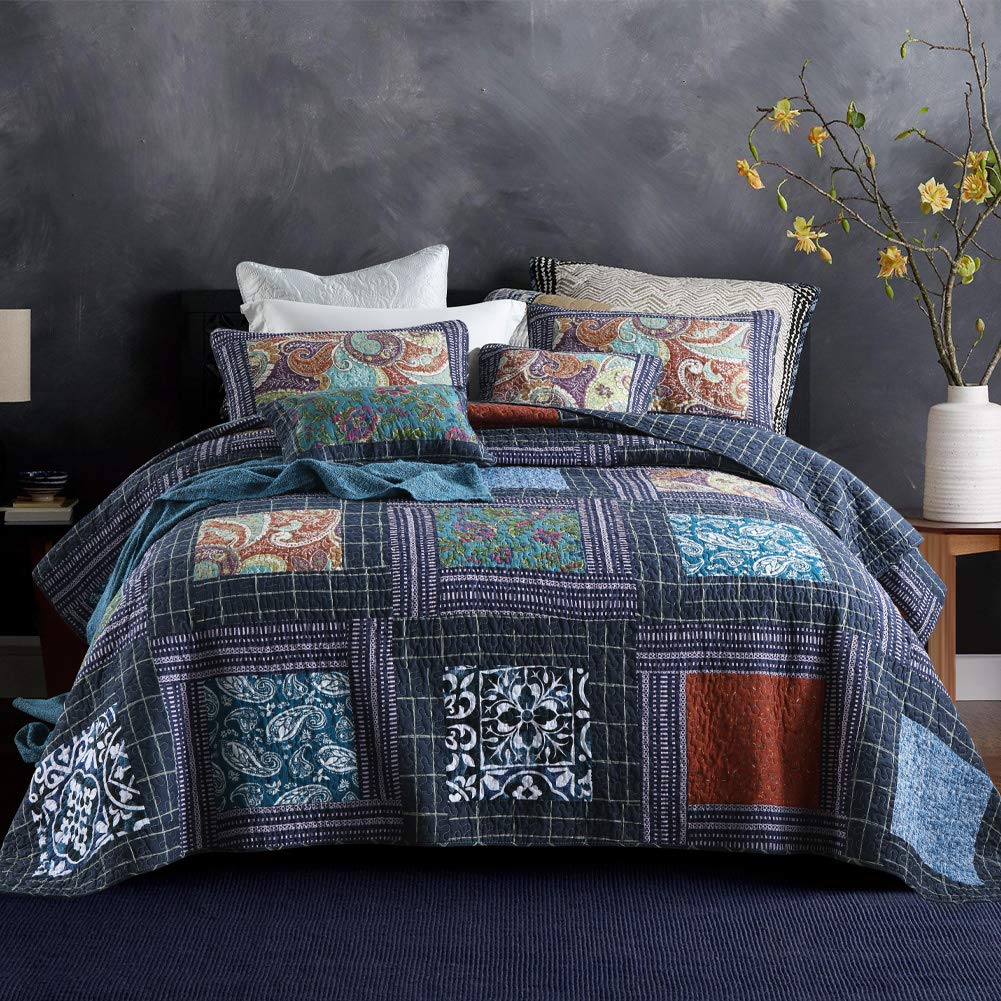 Secgo Twin Comforter Set for Bed - 100% Cotton Quilts Twin Size, Black Bedspreads with 2 Pillow Shams, Patchwork Reversible Lightweight Bedding