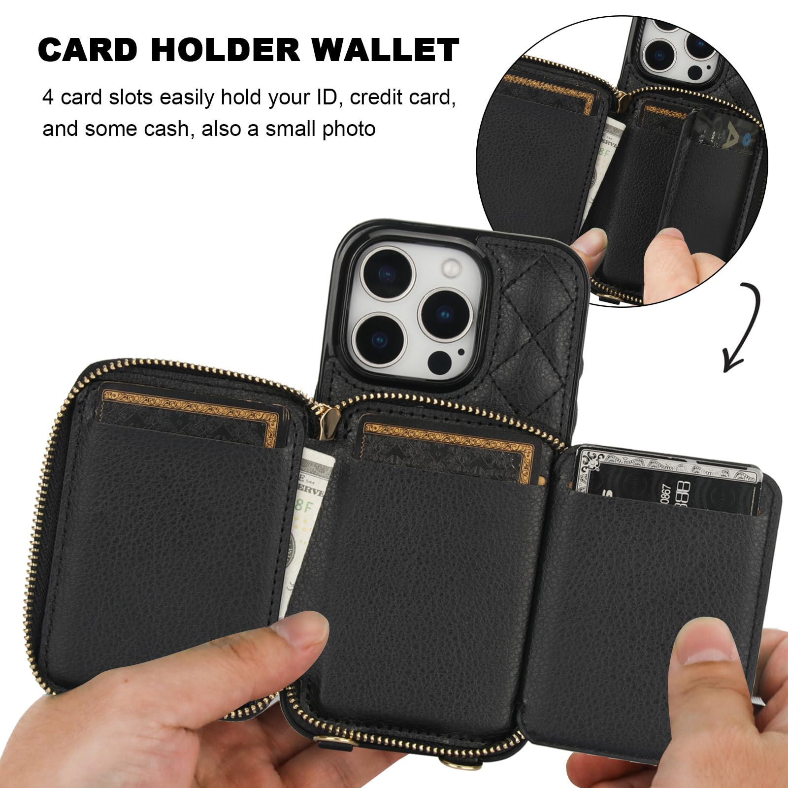 Bocasal Crossbody Wallet Case for iPhone 16 Pro, RFID Blocking PU Leather Zipper Handbag Purse Flip Cover, Kickstand Folio Case with Card Slots Holder Wrist Strap Lanyard 5G 6.3 Inch (Black)