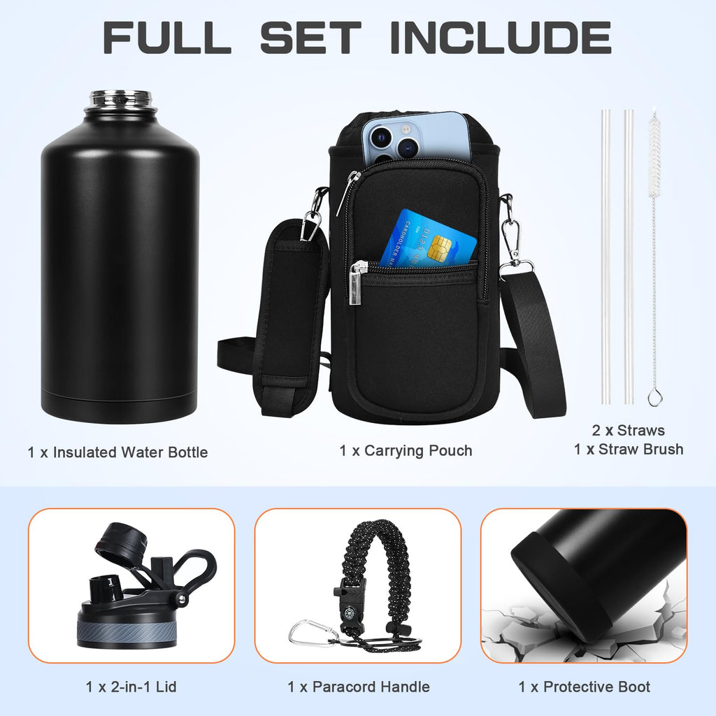 GAZLEMHO 40 oz Insulated Water Bottle with Straw& Spout 2-in-1 Lid, Triple Wall Vacuum Stainless Steel Cold 48H, Leak Proof Sports Metal Flask Jug with Paracord Handle, Black