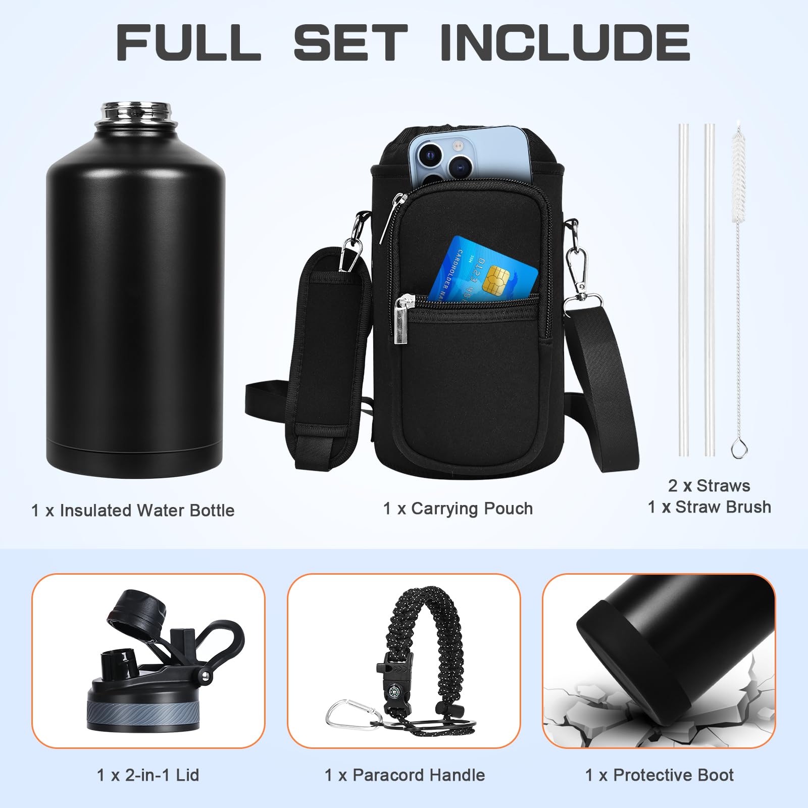 GAZLEMHO 40 oz Insulated Water Bottle with Straw& Spout 2-in-1 Lid, Triple Wall Vacuum Stainless Steel Cold 48H, Leak Proof Sports Metal Flask Jug with Paracord Handle, Black
