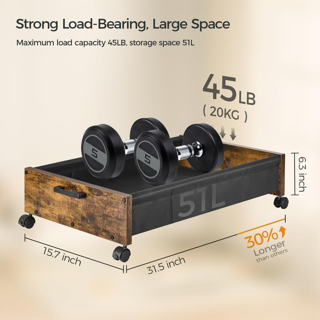 FOUCSSOMEI Under Bed Storage with Wheels, Wooden Under Bed Drawers On Wheels, Rolling Under Bed Shoe Storage, Space Saving, Black,30L