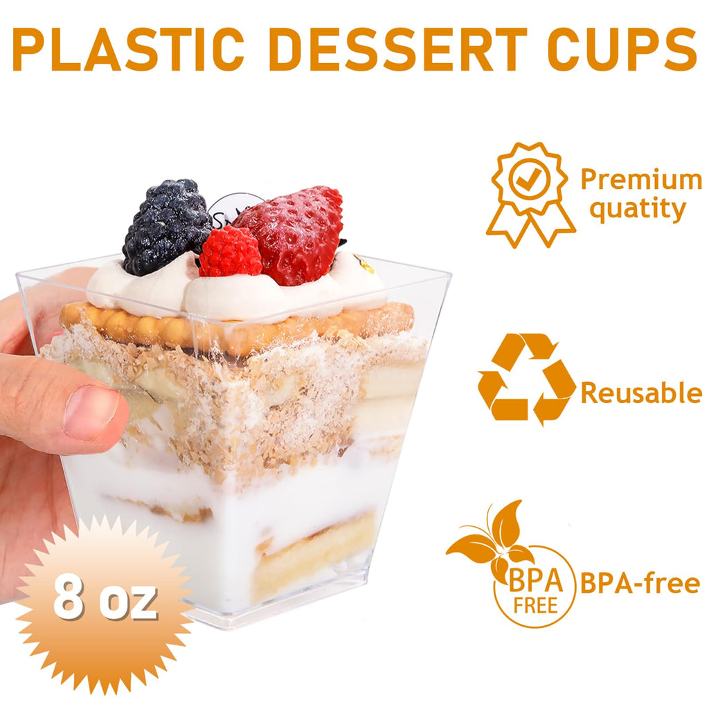 supernal 2oz Square Plastic Mini Dessert Cups with Gold Spoons,Parfait Appetizer Cup,100pcs Cups,100pcs Gold Spoons,Perfect for Birthday,Party,Wedding