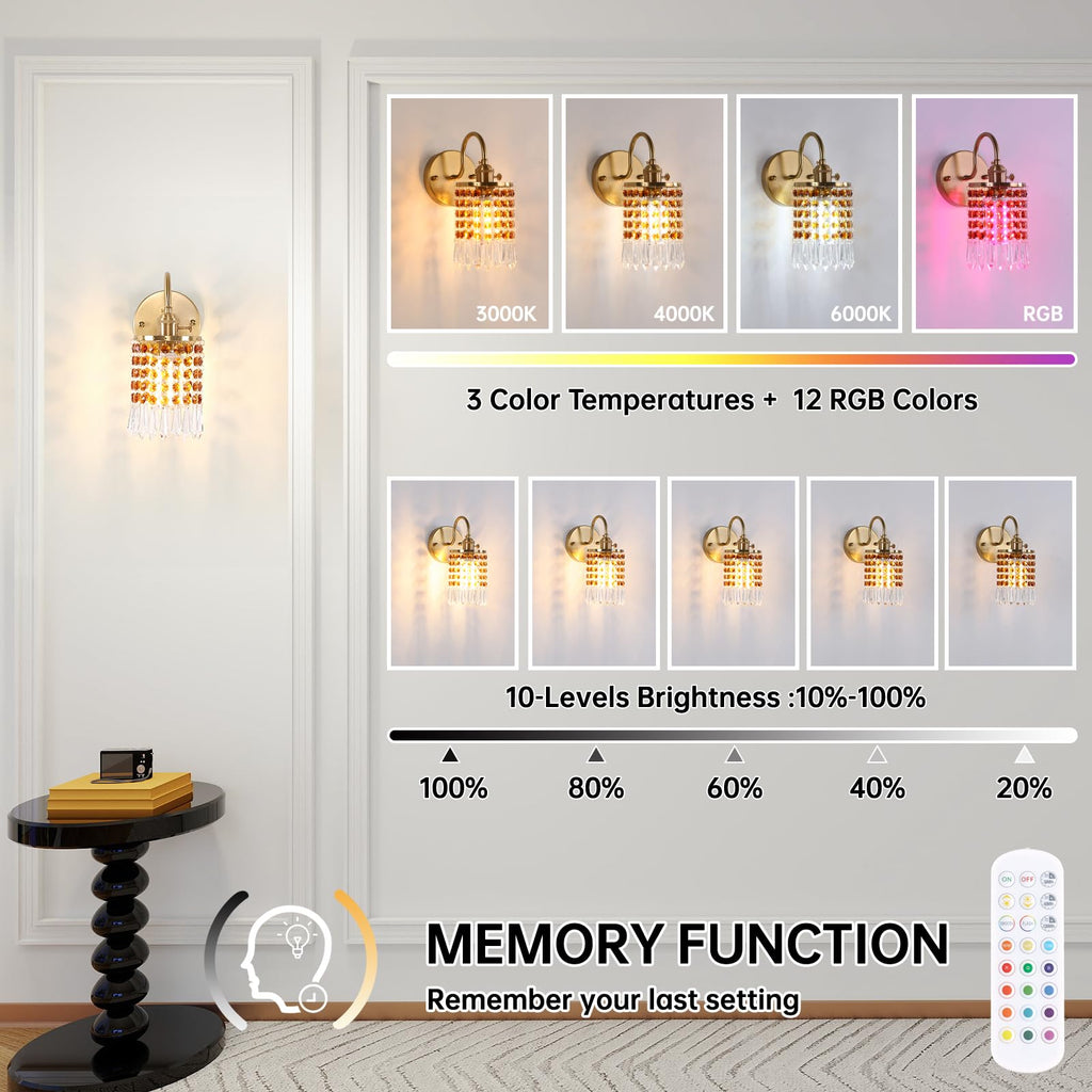 Shenmoyl Set of 2 Crystal Battery Operated Wall Sconce, Rechargeable Battery Powered Wall Lamp with Remote Control, Modern Dimmable Wall Lights for Bedroom Bathroom(Green, Gold Base)
