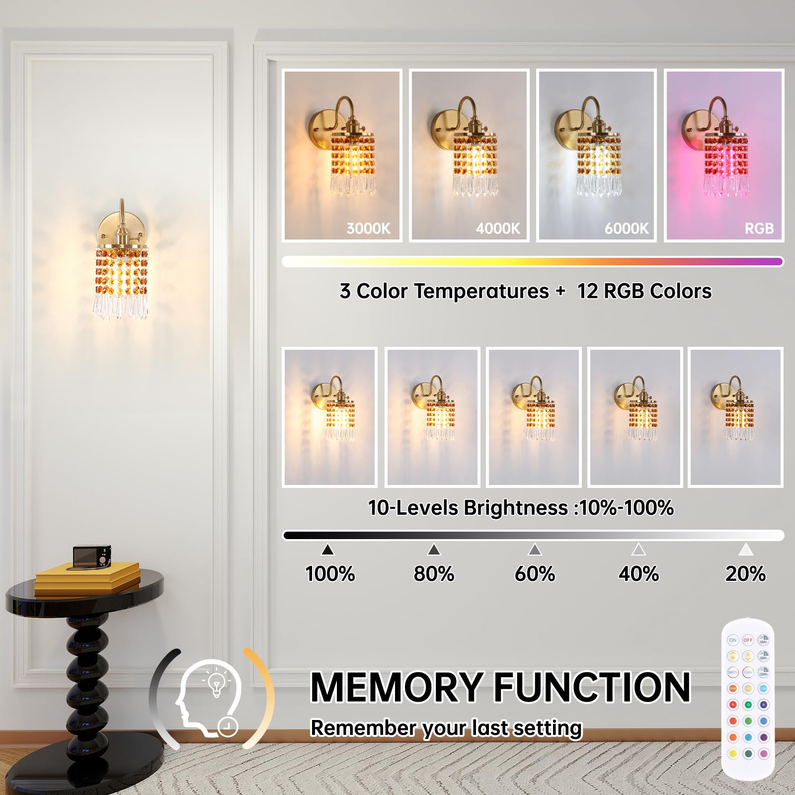 Shenmoyl Set of 2 Crystal Battery Operated Wall Sconce, Rechargeable Battery Powered Wall Lamp with Remote Control, Modern Dimmable Wall Lights for Bedroom Bathroom(Green, Gold Base)