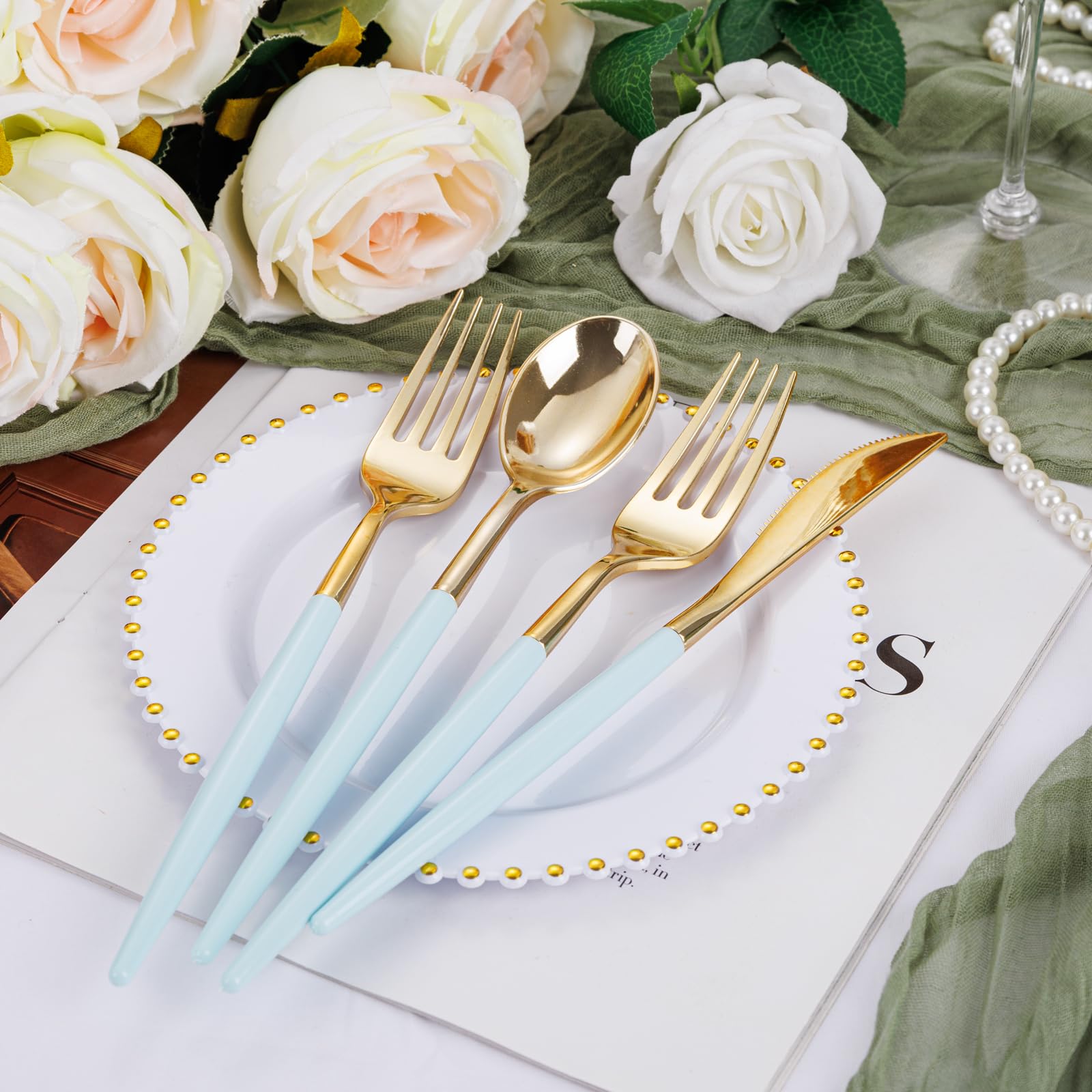 Supernal 102 Pcs Black and Gold Plastic Silverware Set,Heavy Duty Gold Disposable Cutlery for 34 Guests (34 Forks,34 Spoons,34 Knives),Elegant Plastic Flatware for Weddings,Parties & Upscale Events