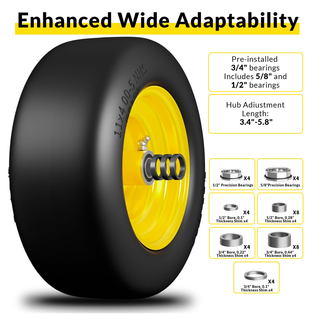 RONPOW 11x4.00-5 Lawn Mower Tires Flat Free and Wheel, 11x4-5 Solid Front Tires for Zero Turn Mower, 350Lbs Load, 3/4", 5/8" and 1/2" Bearings, 3.4"-5.8" Hub for Residential Commercial, 2Pack Gray