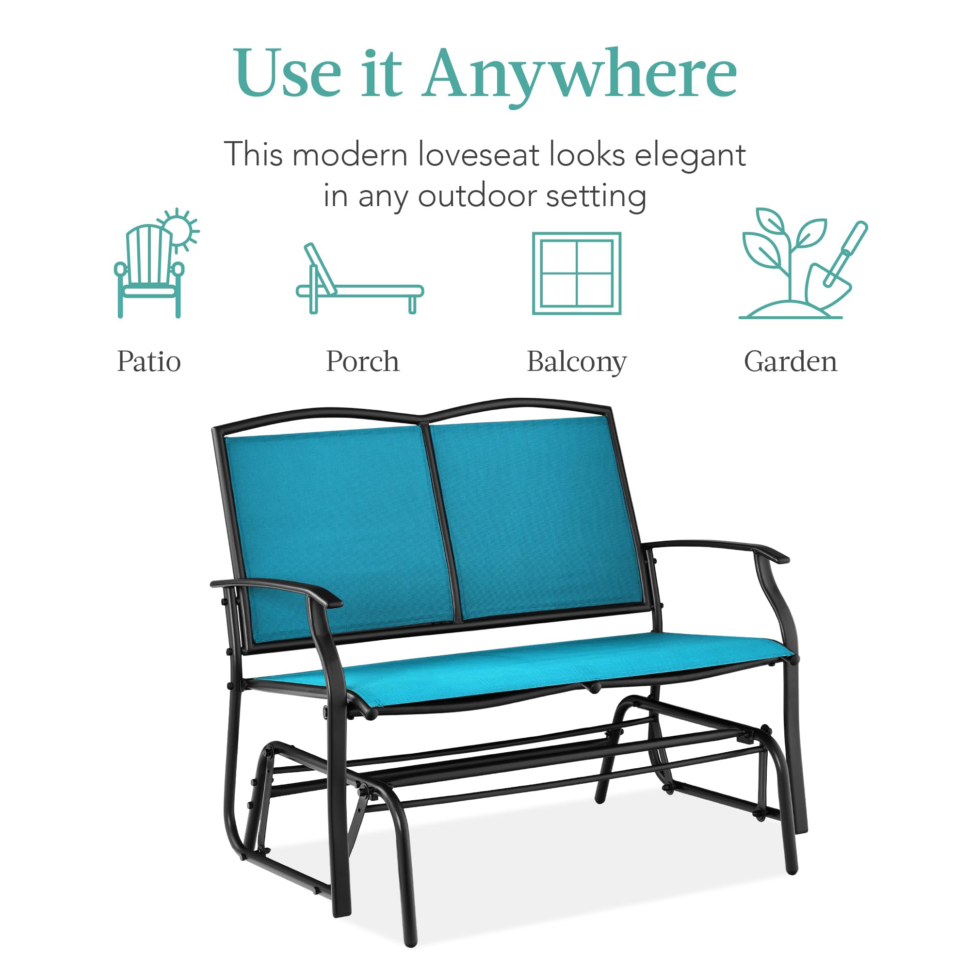 Best Choice Products 2-Person Outdoor Patio Swing Glider Steel Bench Loveseat Rocker for Deck, Porch w/Textilene Fabric, Steel Frame - Black