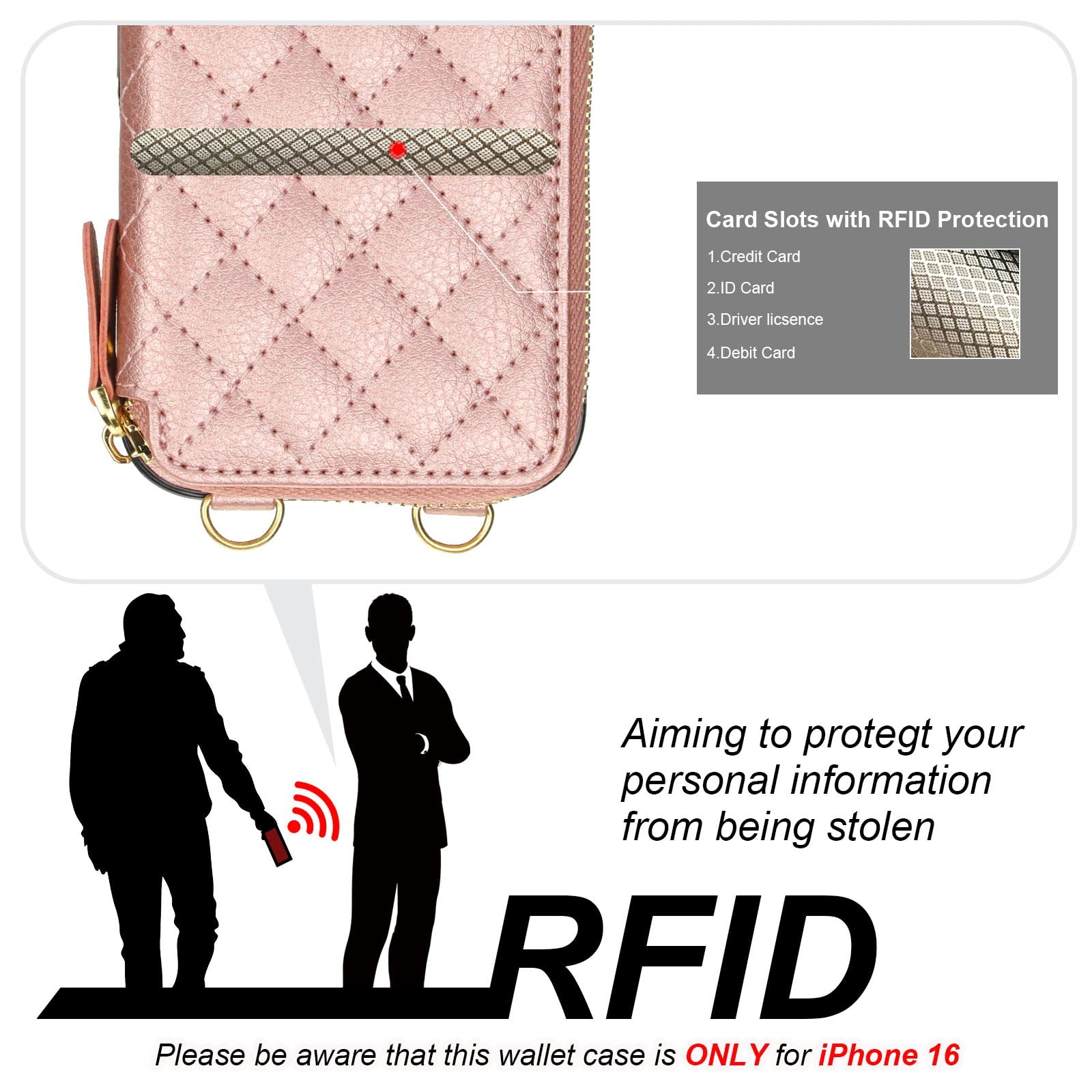 Bocasal Crossbody Wallet Case for iPhone 16, RFID Blocking PU Leather Zipper Handbag Purse Flip Cover, Kickstand Folio Case with Card Slots Holder Wrist Strap Lanyard 5G 6.1 Inch (Black)