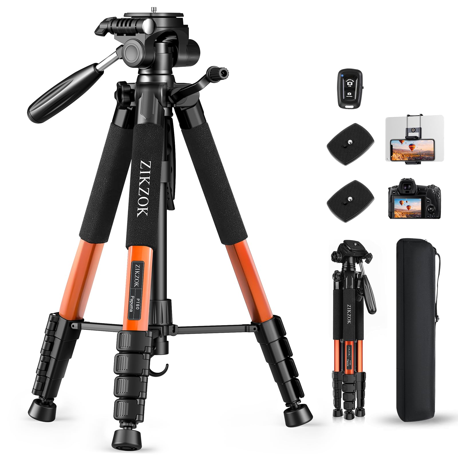 75" Camera Tripod, Aluminum Heavy Duty Camera Stand for ipad Phone, Travel Tripod with/Carry Bag/Phone Tablet Holder, Compatible with Canon Nikon Sony DSLR, Spotting Scopes, Max Load 15 Lb(Black)