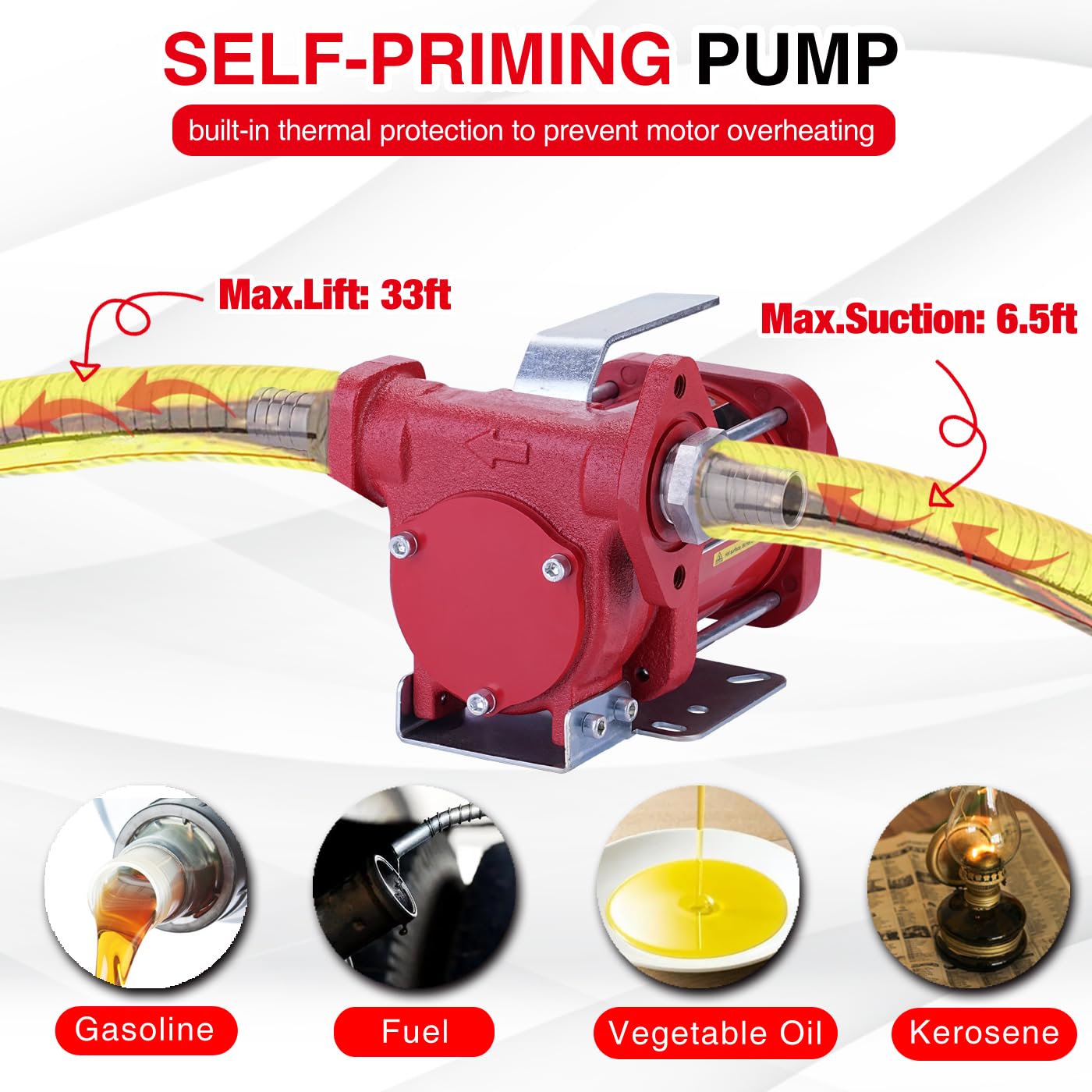 TOPWAY 12V DC Gasoline Fuel Pump 3.7GPM Self-priming Oil Transfer Pump With Handle, Reversible Pumping, Overheat Protection, Explosion-Proof, Built-in Bypass, for Gasoline Fuel Diesel Kerosene Removal