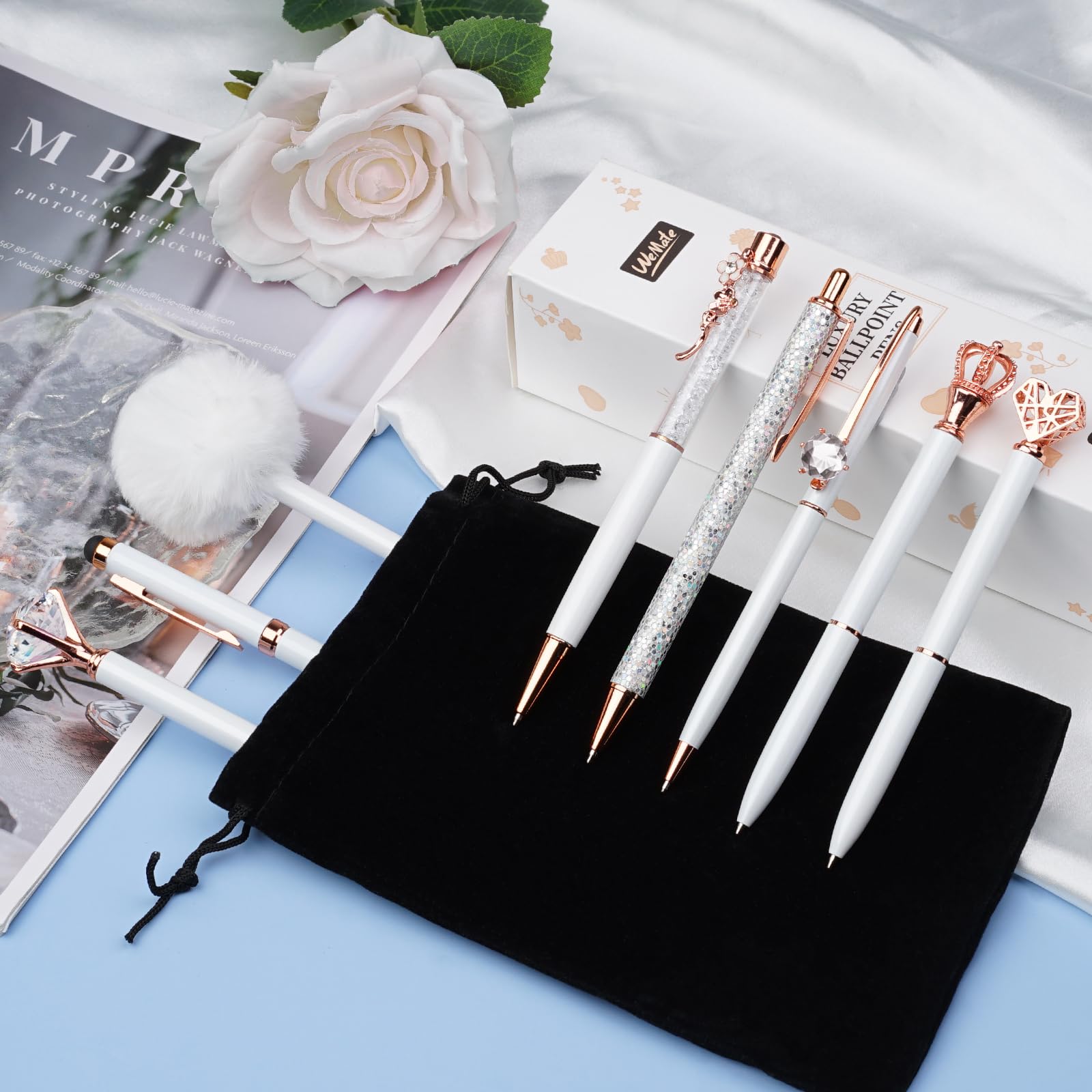WEMATE 8Pcs Ballpoint Pens Set Metal Crystal Diamond Pen Glitter for Journaling Black Pen Bling in Black & Blue Ink Pretty Cute Pens Fancy Pens Gifts for Women Wedding School Office Desk(Black)