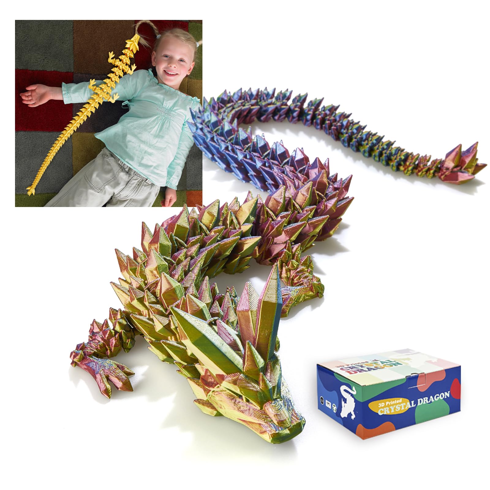 24" Large 3D Printed Dragon - Huge Articulated Crystal Dragon Fidget Toy, Giant Flexible 3D Dragon Figure, Birthday Gift for Boys Girls Kids & Collectors, Home Office Executive Desk Decor