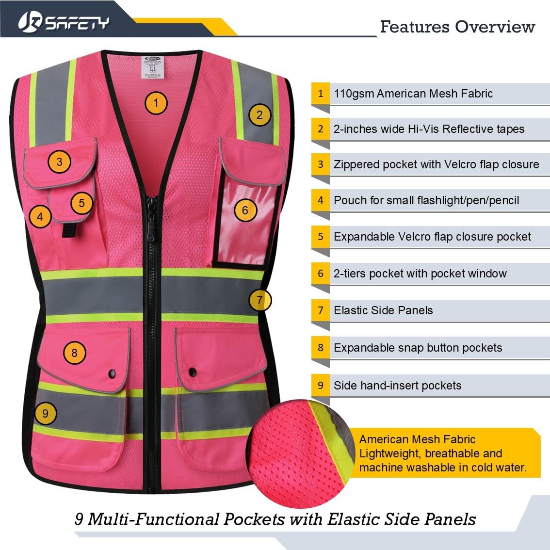 JKSafety Women Hi-Vis Reflective Safety Vest | Neon Color body Sewed Reflective Strips Breathable Lightweight ANSI Compliant