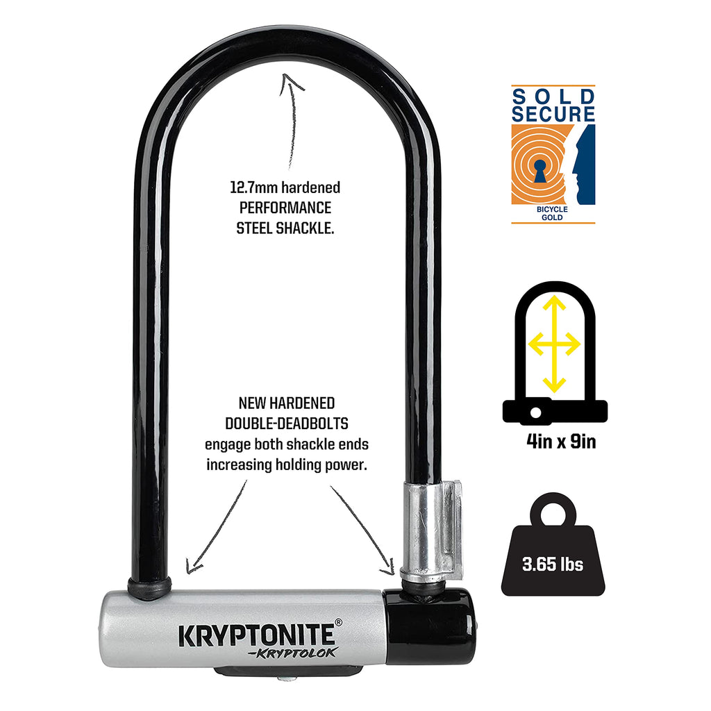 Kryptonite Kryptolok Standard Bike U-Lock with Cable, Heavy Duty Anti-Theft Bicycle U Lock, 12.7mm Shackle and 10mm x 4ft Length Security Cable with Mounting Bracket and Keys | bike-locks