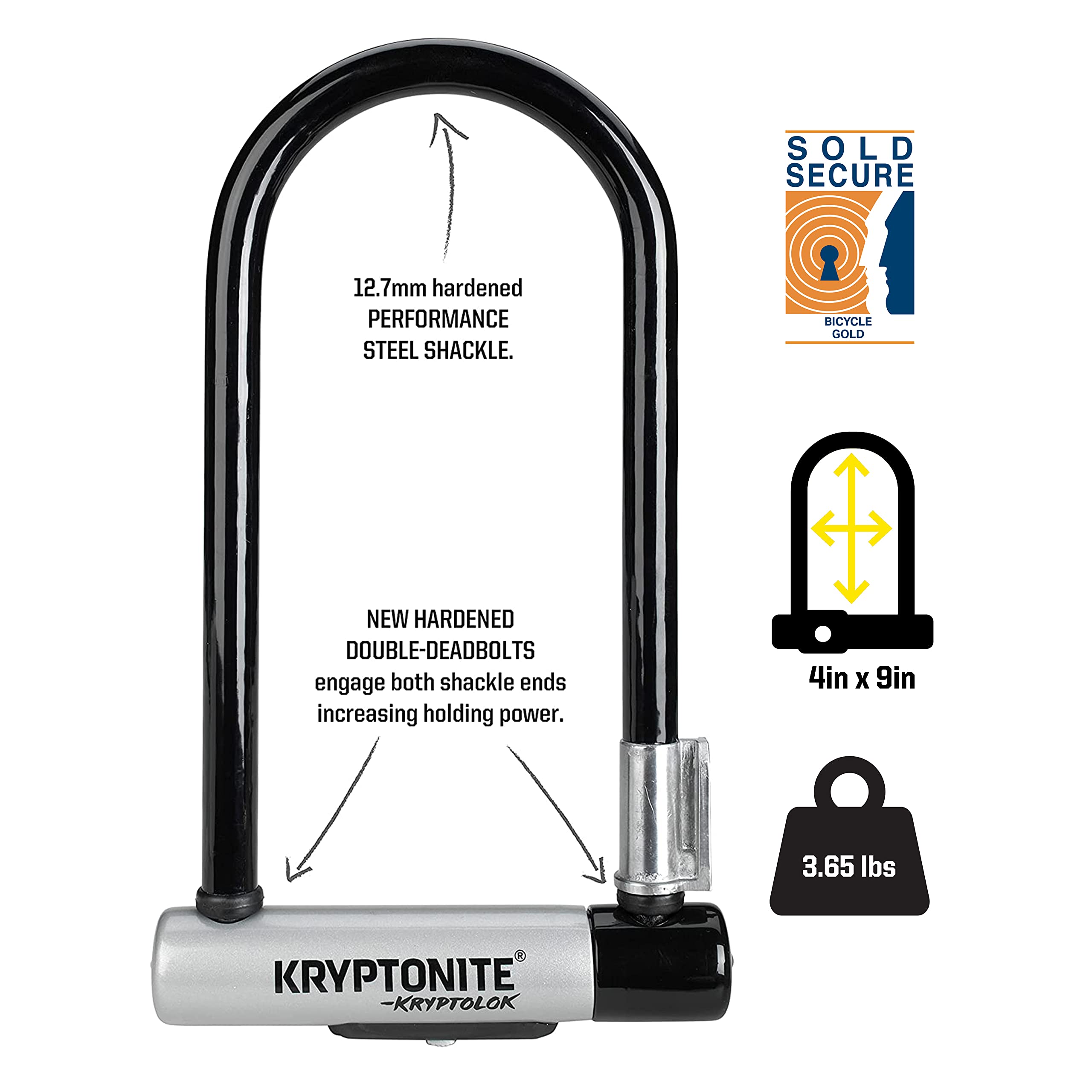 Kryptonite Kryptolok Standard Bike U-Lock with Cable, Heavy Duty Anti-Theft Bicycle U Lock, 12.7mm Shackle and 10mm x 4ft Length Security Cable with Mounting Bracket and Keys | bike-locks