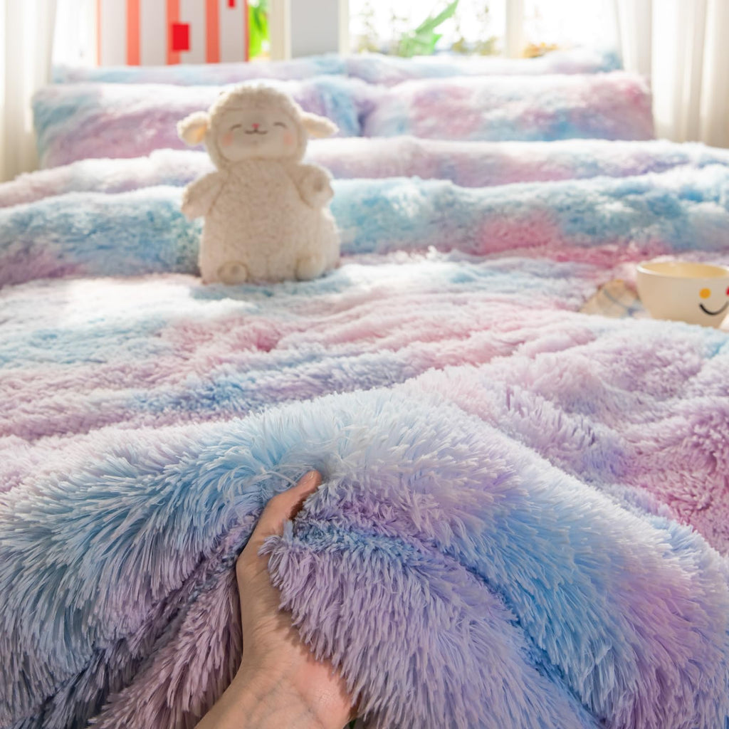 Faux Fur Kids Girls Purple Rainbow Comforter Sets Twin/Full - 3PC Bed Set Warm Comfortable Soft Plush Flannel Velvet Fluffy Fuzzy Bedding（Comforter x 1 Pillowcases x 2）