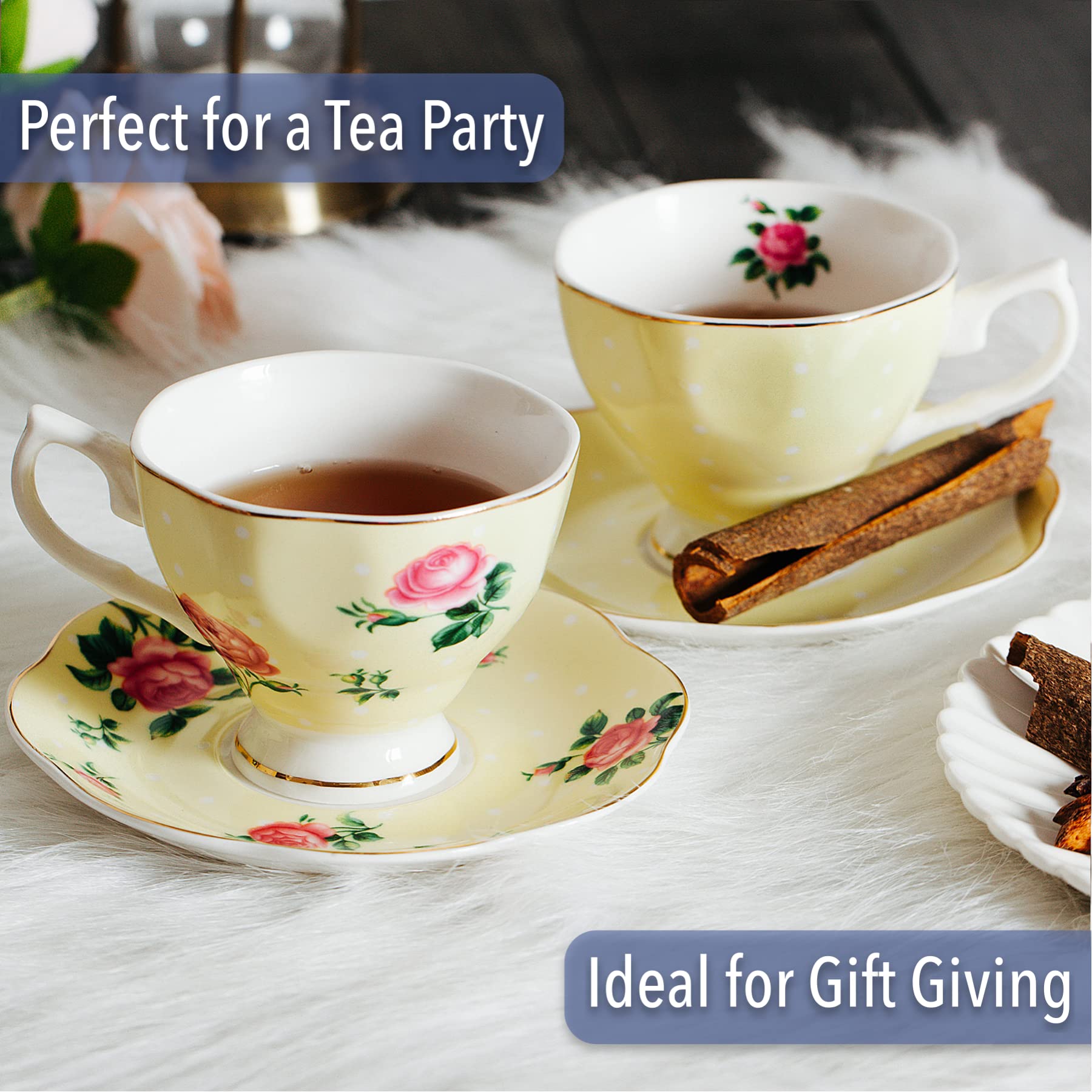 BTaT- Tea Cups and Saucers, Set of 6 with Spoon, 8 oz, Fine Porcelain Teacup Set with Gold Trim for Afternoon Tea, Weddings, Parties & Gifting, Dishwasher Safe, Lightweight, Non-Toxic