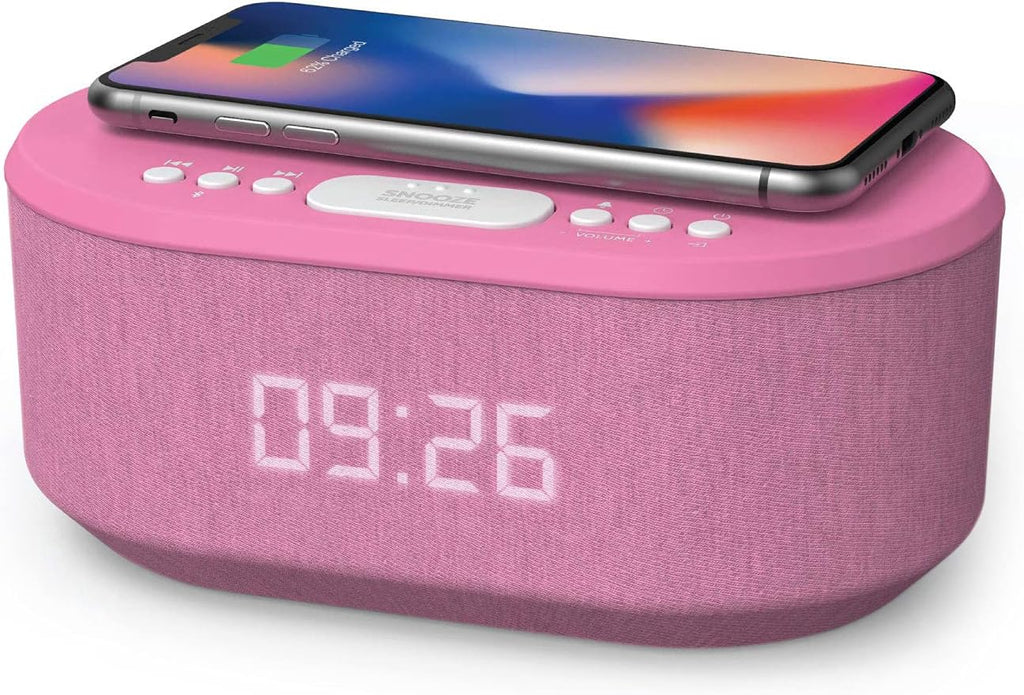 i-box Dawn, Alarm Clock Radio, Alarm Clocks for Bedrooms, FM Radio, Alarm Clock with Wireless Charging, Wireless Speakers with Bluetooth, Digital Alarm Clock, USB Port, Dimmable Night Light (Pink)