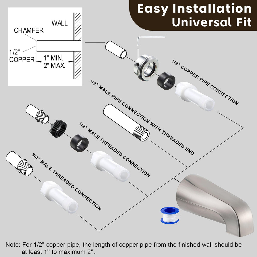Dreyoo Tub Spout (Universal Fits 1/2" Copper Pipe, 1/2" IPS and 3/4" IPS), Bathroom Bathtub Faucet with Adapters and Hex Wrench(Brushed Nickel,Simple)