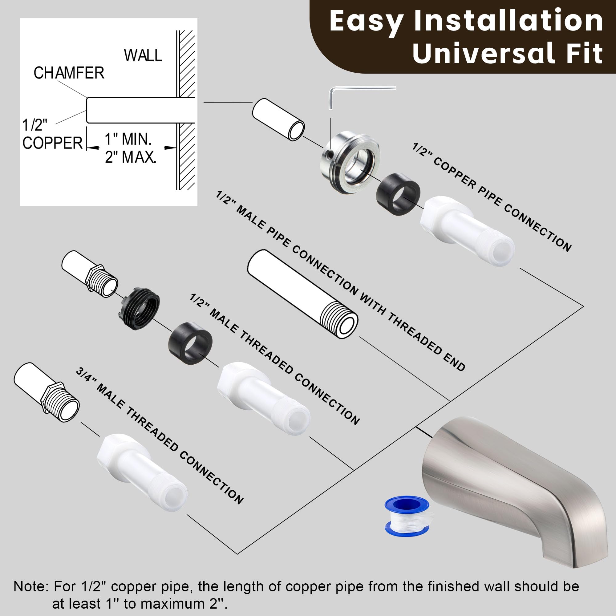 Dreyoo Tub Spout (Universal Fits 1/2" Copper Pipe, 1/2" IPS and 3/4" IPS), Bathroom Bathtub Faucet with Adapters and Hex Wrench(Brushed Nickel,Simple)