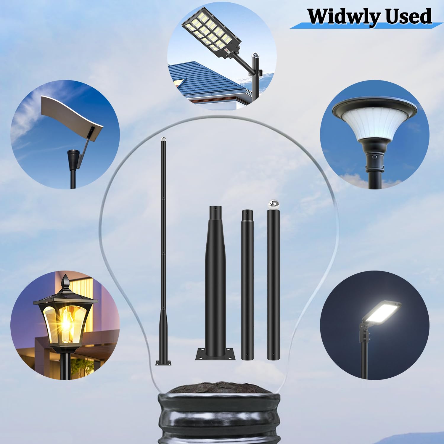 Outdoor Light Pole with Fillable Base, 8ft Cast Iron Lamp Post, 5-Section Heavy Duty Adjustable Pole for Garden, Yard, Pathway & Parking Lot, Portable Sand/Water Box Street Light Stand