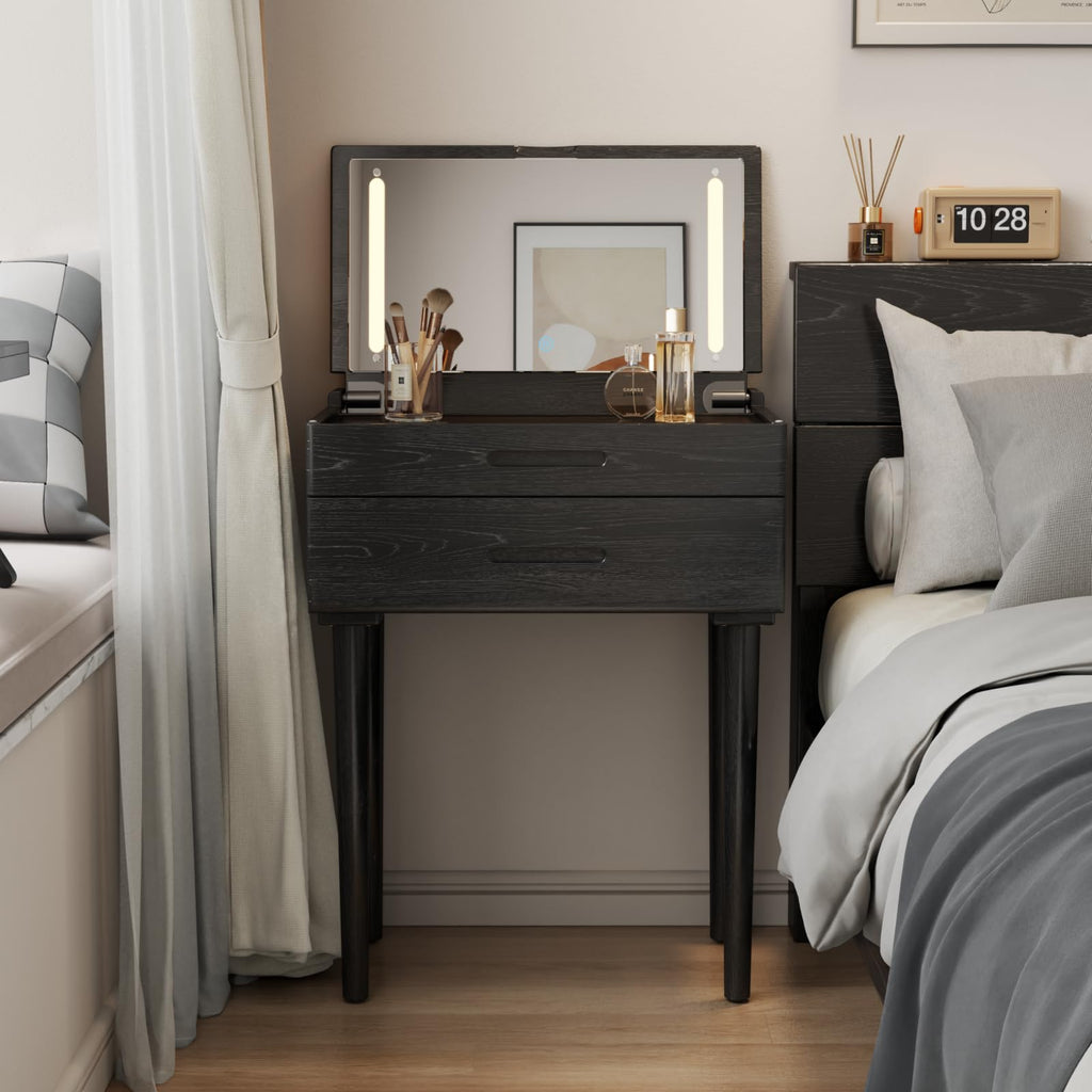 Muwuele Solid Wood Small Vanity Desk with Mirror and Lights, Narrow Makeup Vanity for Small Space, Flip Top Vanity Side Table, 3 Color Modes & Adjustable Brightness, 19.6" Slim Dressing Table, Black