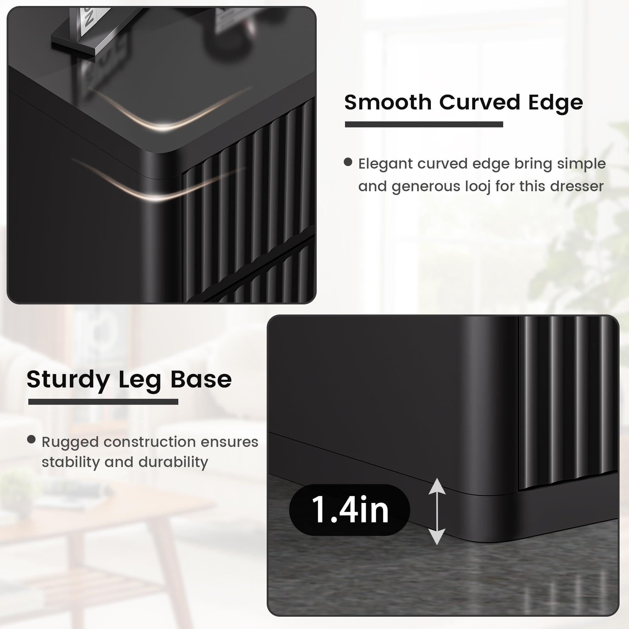 Standifurno Black 56" Tall Dresser for Bedroom, Fluted Modern 6 Drawers Deep Dressers, Wood Chest of Drawers with Handleless, Curved Profil Storage Closet Dressers for Bedroom, Living Room, Hallway