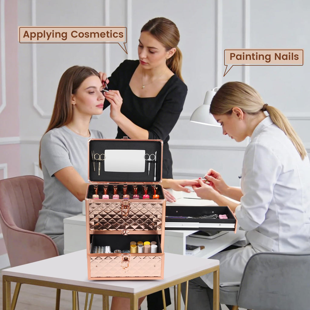 Frenessa Nail Polish Makeup Train Case with Drawer and Dividers Manicure Organizer Accessory Storage Makeup Box With Mirror Lockable Keys Nail Kit Organizer Cosmetic Case Jewelry Box - Black