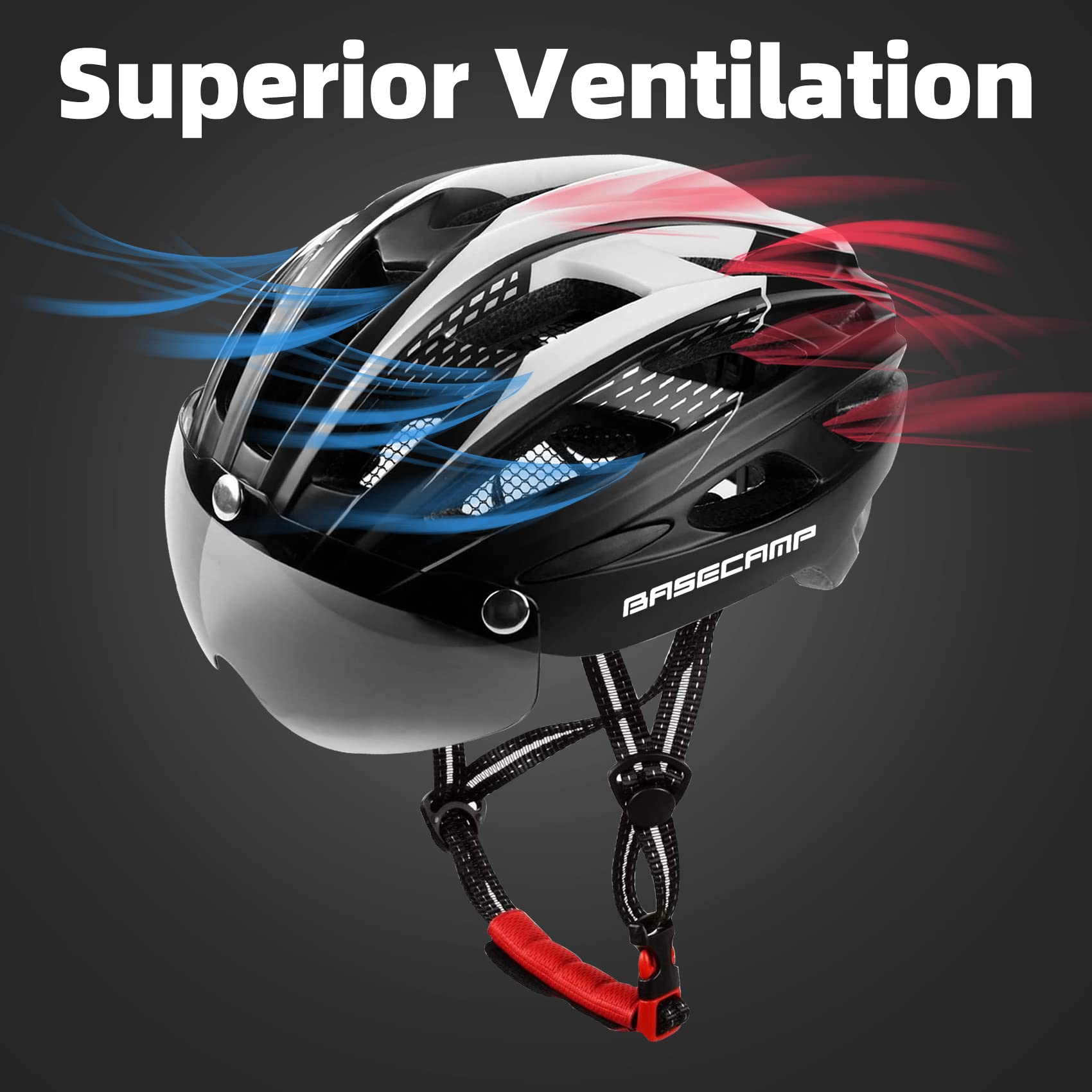 Bike Helmet, Basecamp Bicycle Helmet with Rear Light & Detachable Magnetic Goggles Lightweight Cycling Helmet Adjustable for Adult Men Women Mountain & Road (BC-069)