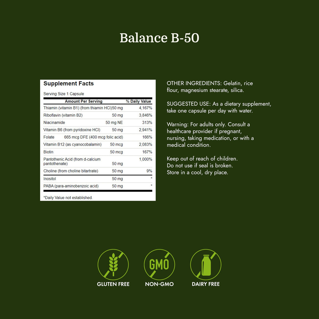 Swanson Balance B-50 High-Potency B Vitamin Complex for Busy Adults Seeking Immune, Heart, and Nervous System Support (100 Capsules)