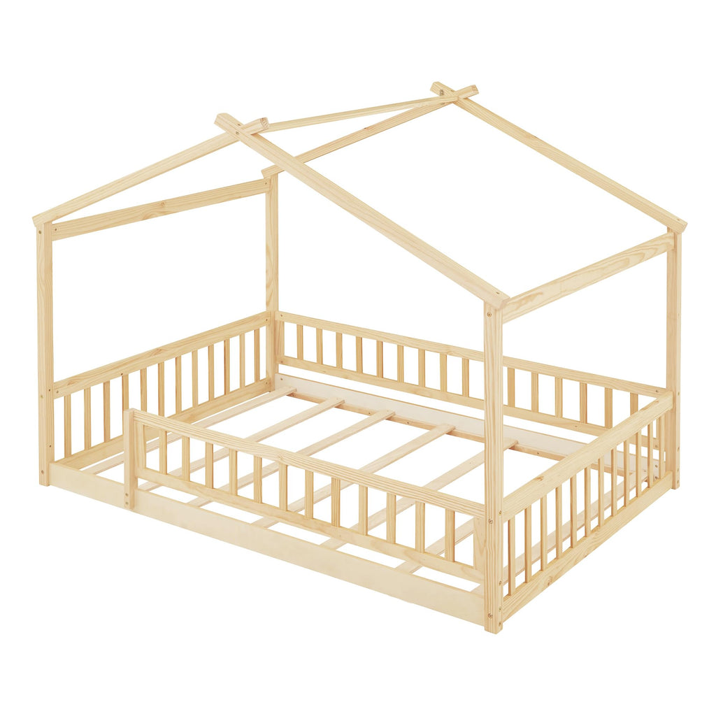 Merax Twin Size Wooden House Bed with Two Drawers, Wood Bed Frame with Roof for Kids, Teens, Boys or Girls, Grey