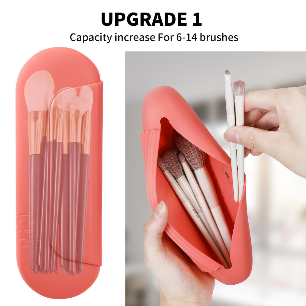 AGIKET Silicone Makeup Brush Holder Travel Cosmetic Bag：Soft Portable Cosmetic Face Brushes Holder with Upgrade Anti-Fall Out Magnetic Closure, Large Travel Makeup Brush Case - Walnut