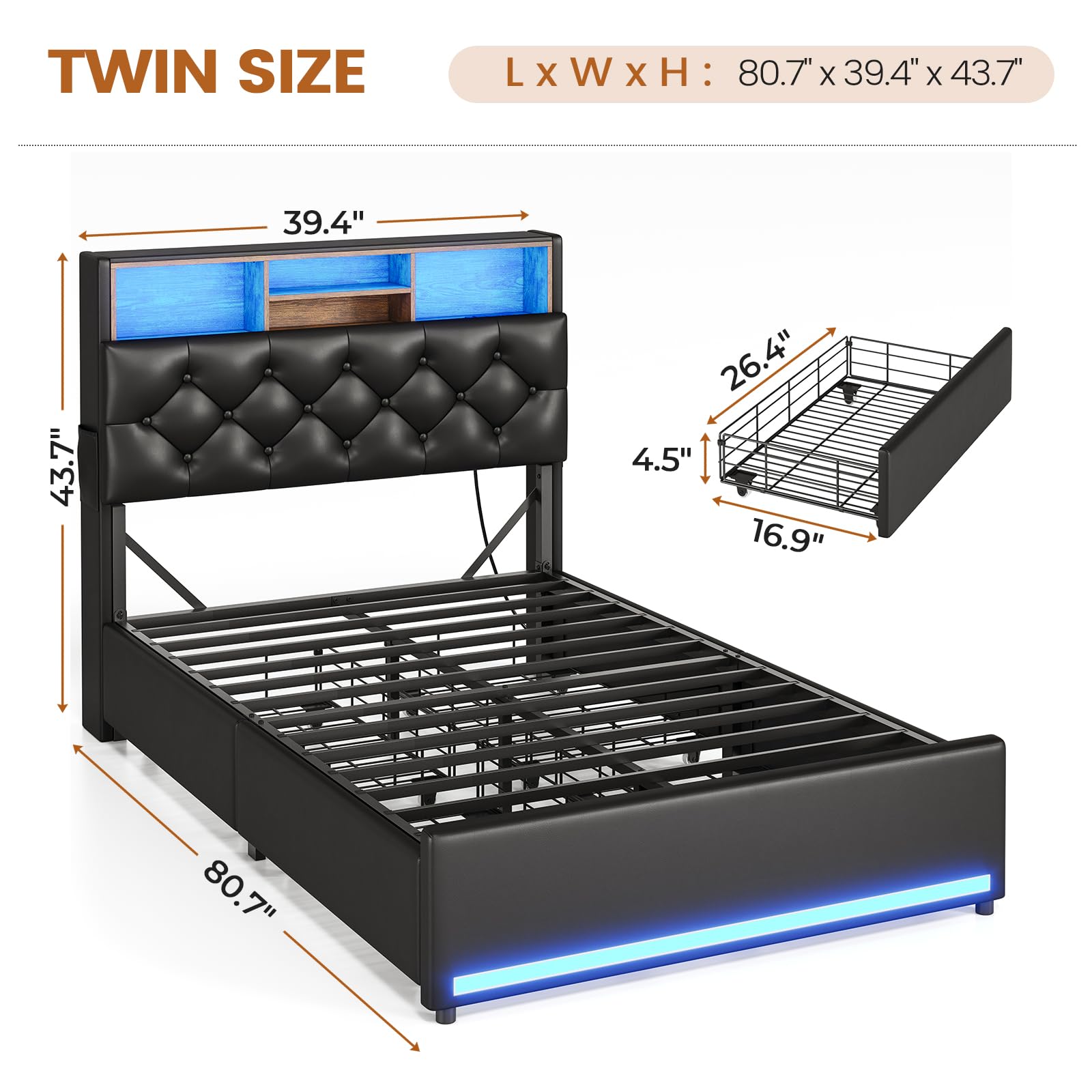 BTHFST Twin Bed Frames with Headboard & 4 Drawers, LED Bed Frame Twin with Charging Station, Upholstered and Metal Twin Bed with Storage, No Box Spring Needed, Black PU