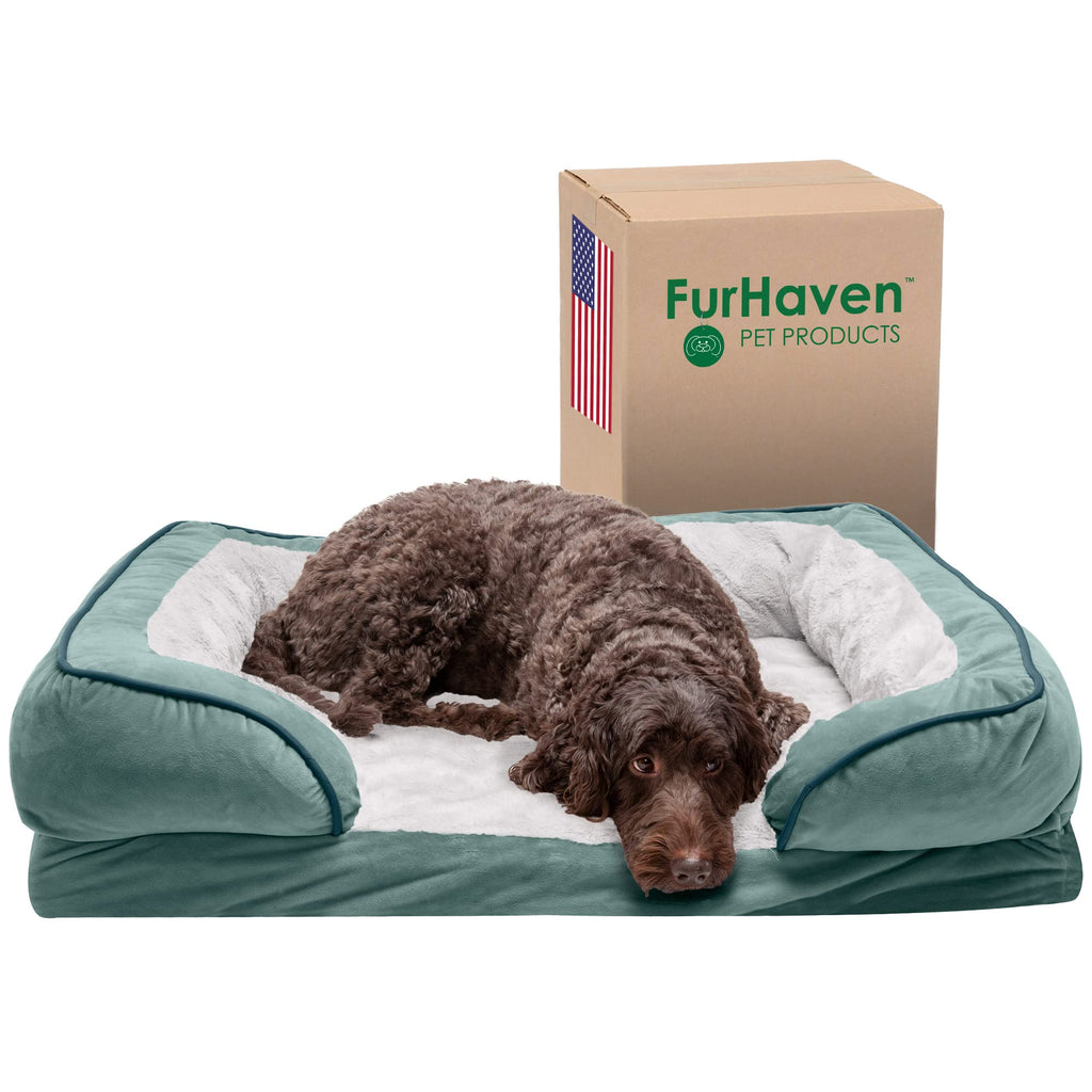 Furhaven Cooling Gel Dog Bed for Medium/Small Dogs w/ Removable Bolsters & Washable Cover, For Dogs Up to 35 lbs - Plush & Velvet Waves Perfect Comfort Sofa - Brownstone, Medium
