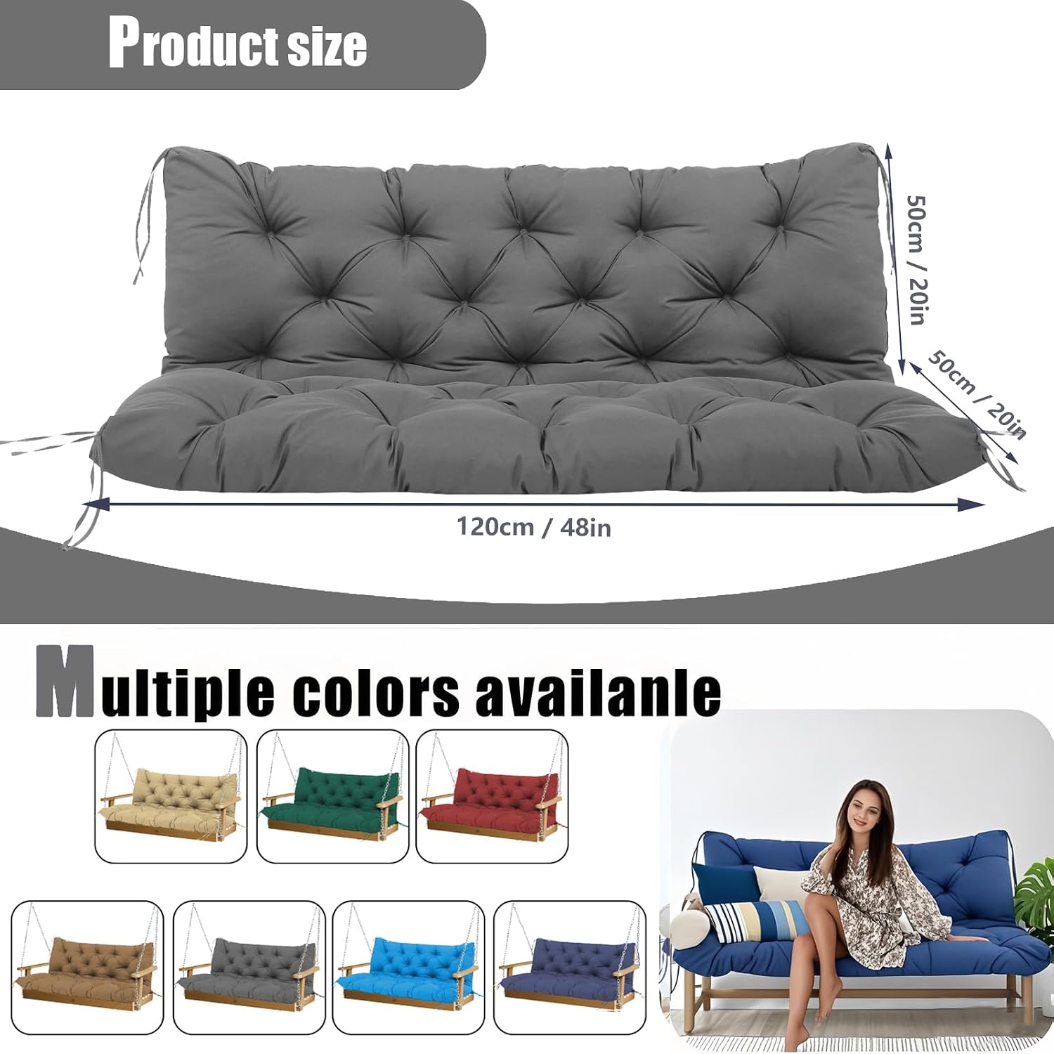 Porch Swing Cushions +Towel, 5" Thick Waterproof Swing Cushions for Outdoor Furniture,3 Seat Swing Cushion Replacement for Patio Swing,Outdoor Swing,Garden Bench