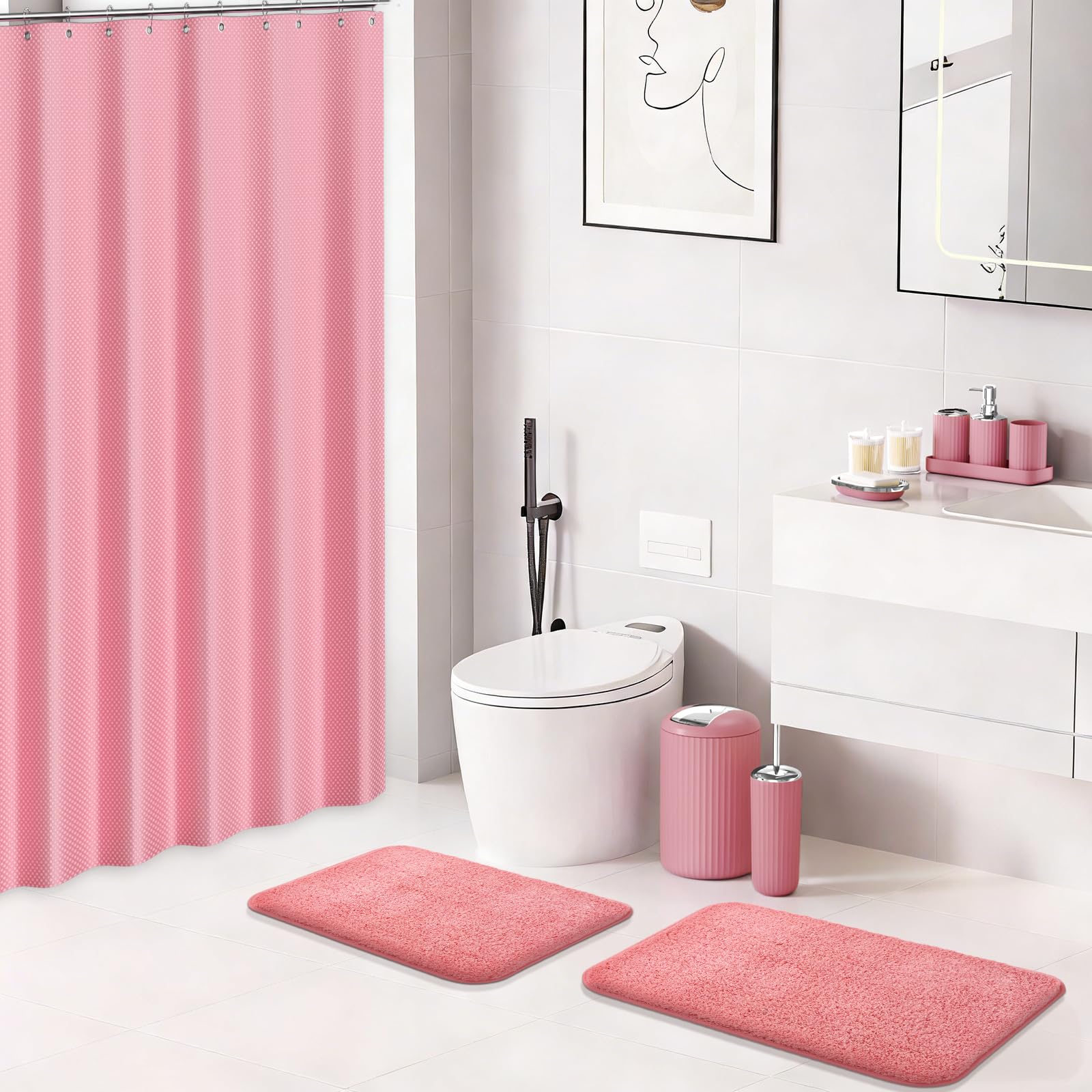 XLHOMO 24 PCS Black Bathroom Accessories Set with Shower Curtain and Rugs, Bathroom Decor Set with Trash Can, Toilet Brush, Soap Dispenser, Toothbrush Holder, Tumbler, Soap Dish and Jars