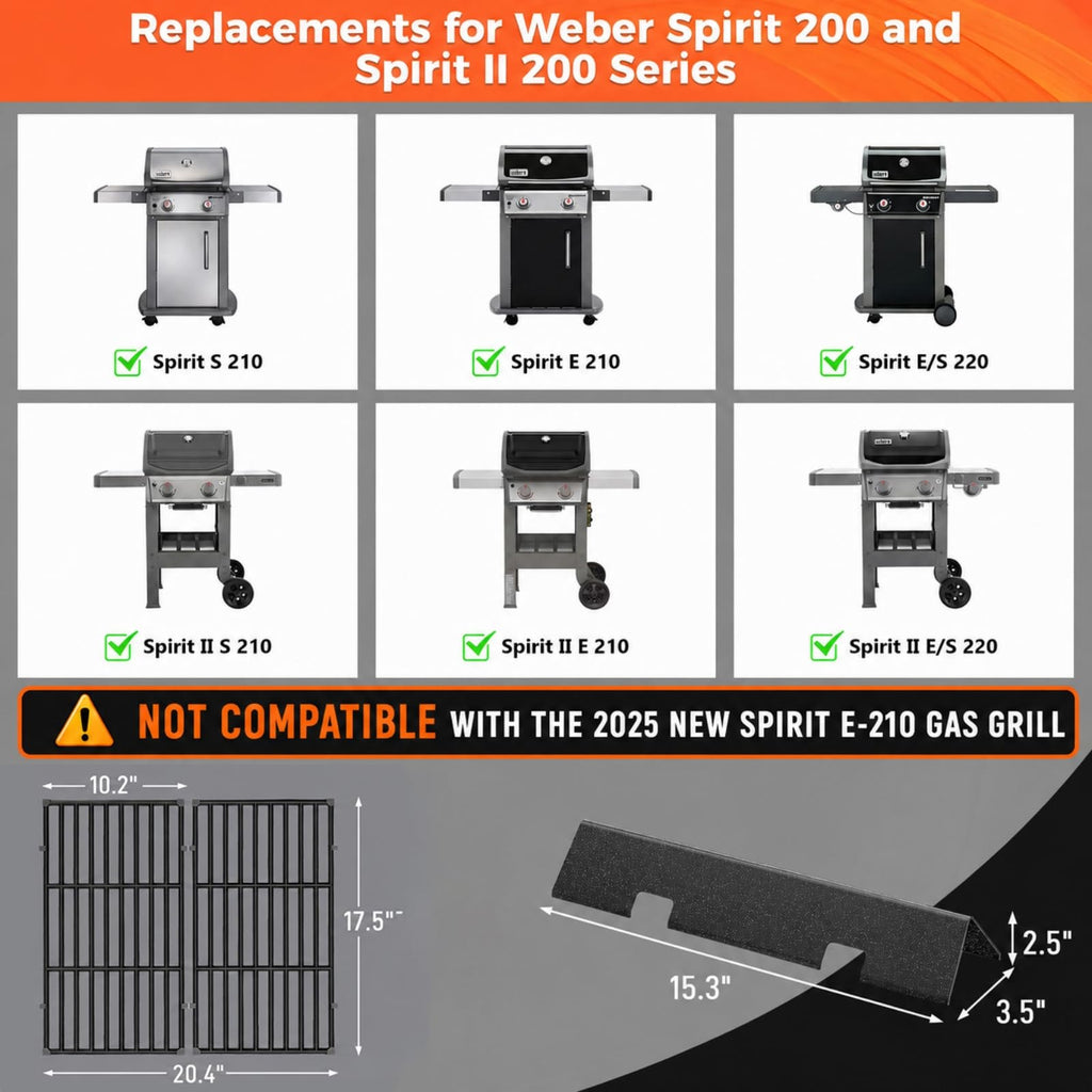 Grill Parts for Weber Genesis 300 Grills with Front Control Knob, Grill Grates for Genesis E310 S310 E/S320 E/S330, 17.5" Flavorizer Bars&Heat Deflectors, 19.5" Grill Grates for Weber 7524 7621 65505
