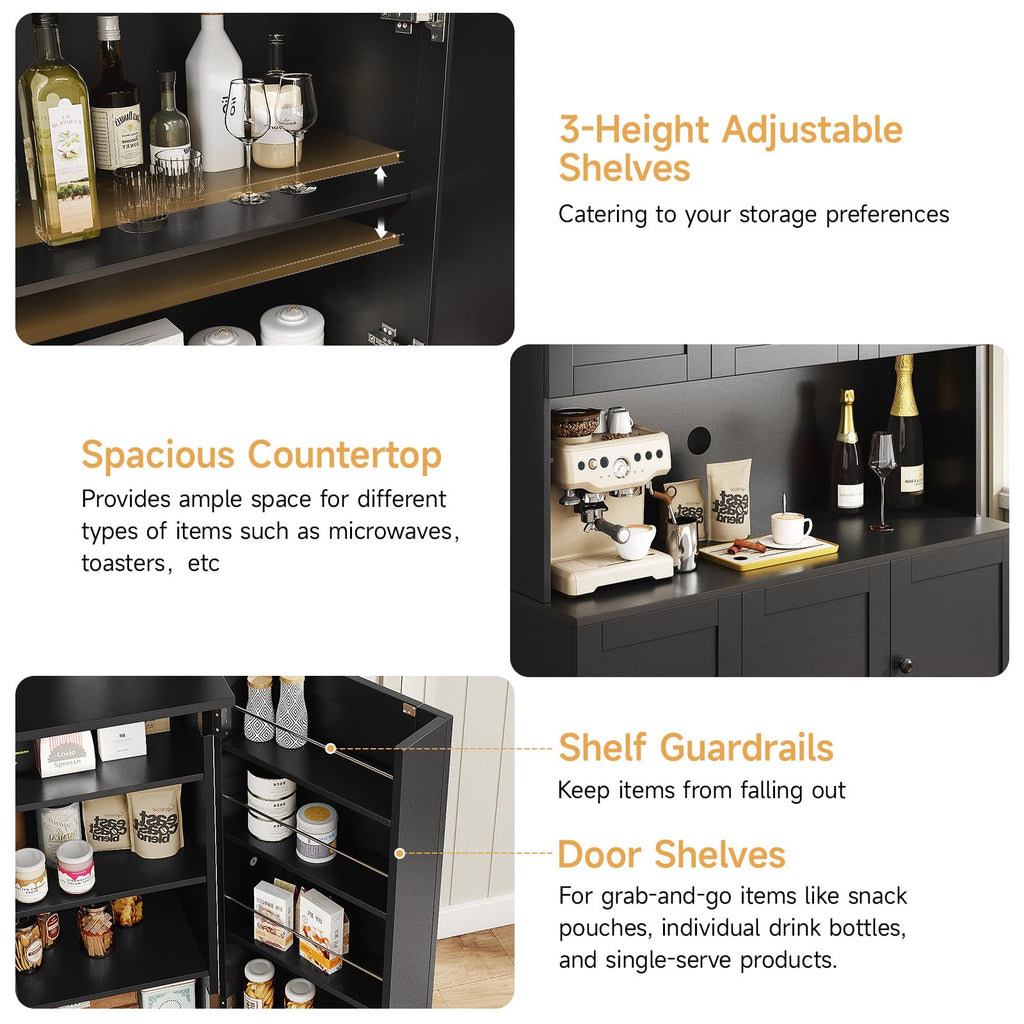 ONBRILL 71" Tall Kitchen Pantry Storage Cabinet with Microwave Stand & Door Shelf, Freestanding Kitchen Hutch with 6 Doors and Adjustable Shelves, Modern Food Pantry for Dining Room, Black