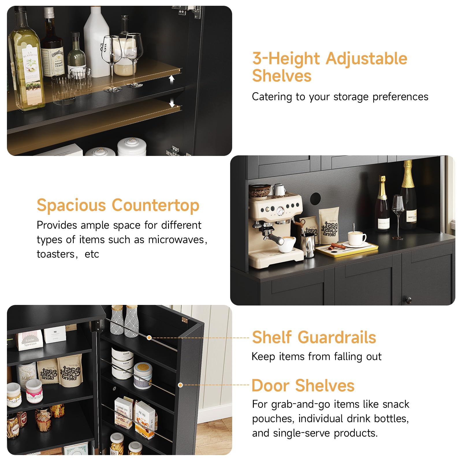 ONBRILL 71" Tall Kitchen Pantry Storage Cabinet with Microwave Stand & Door Shelf, Freestanding Kitchen Hutch with 6 Doors and Adjustable Shelves, Modern Food Pantry for Dining Room, Black