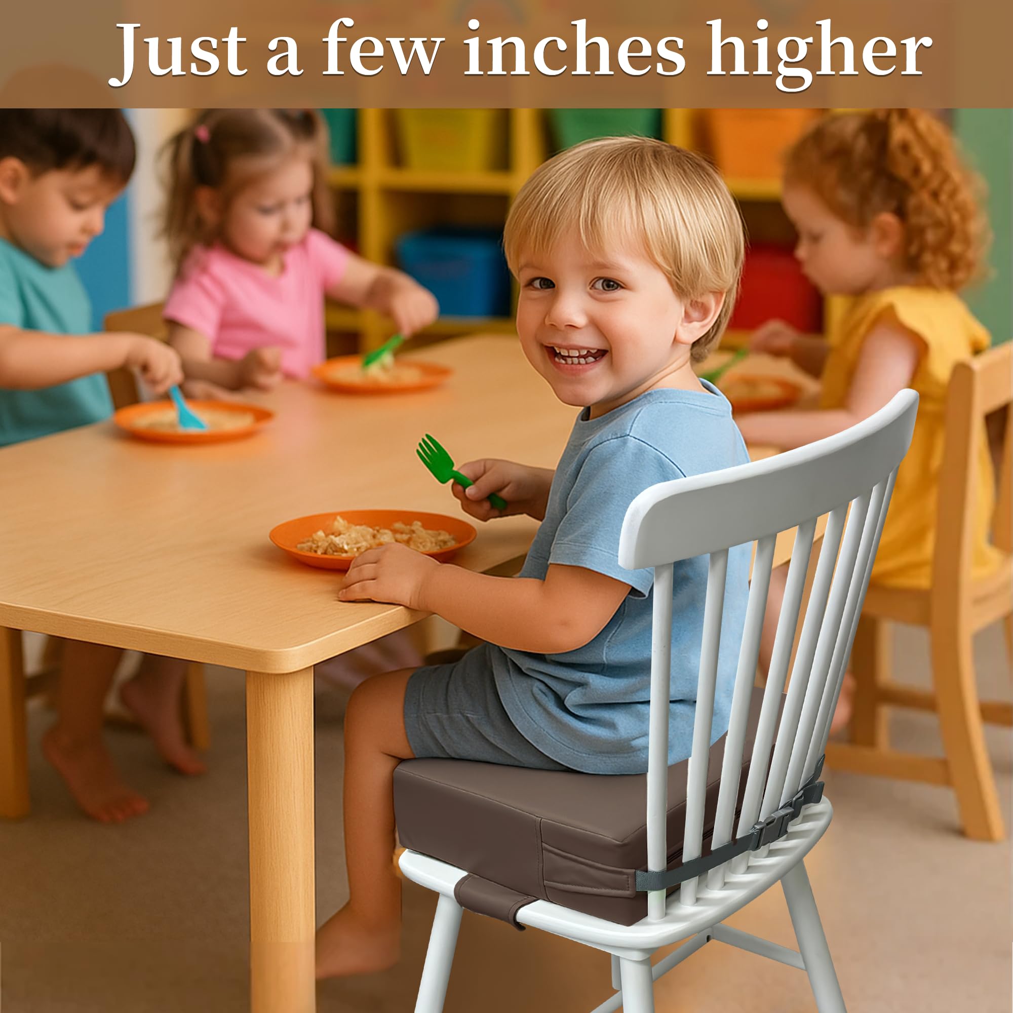 Toddler Booster Seat for Dining Table – PU Washable Cushion with Double Safe Straps, Non-Slip Bottom, Portable Travel Booster Seat for Toddlers (Dark Brown)