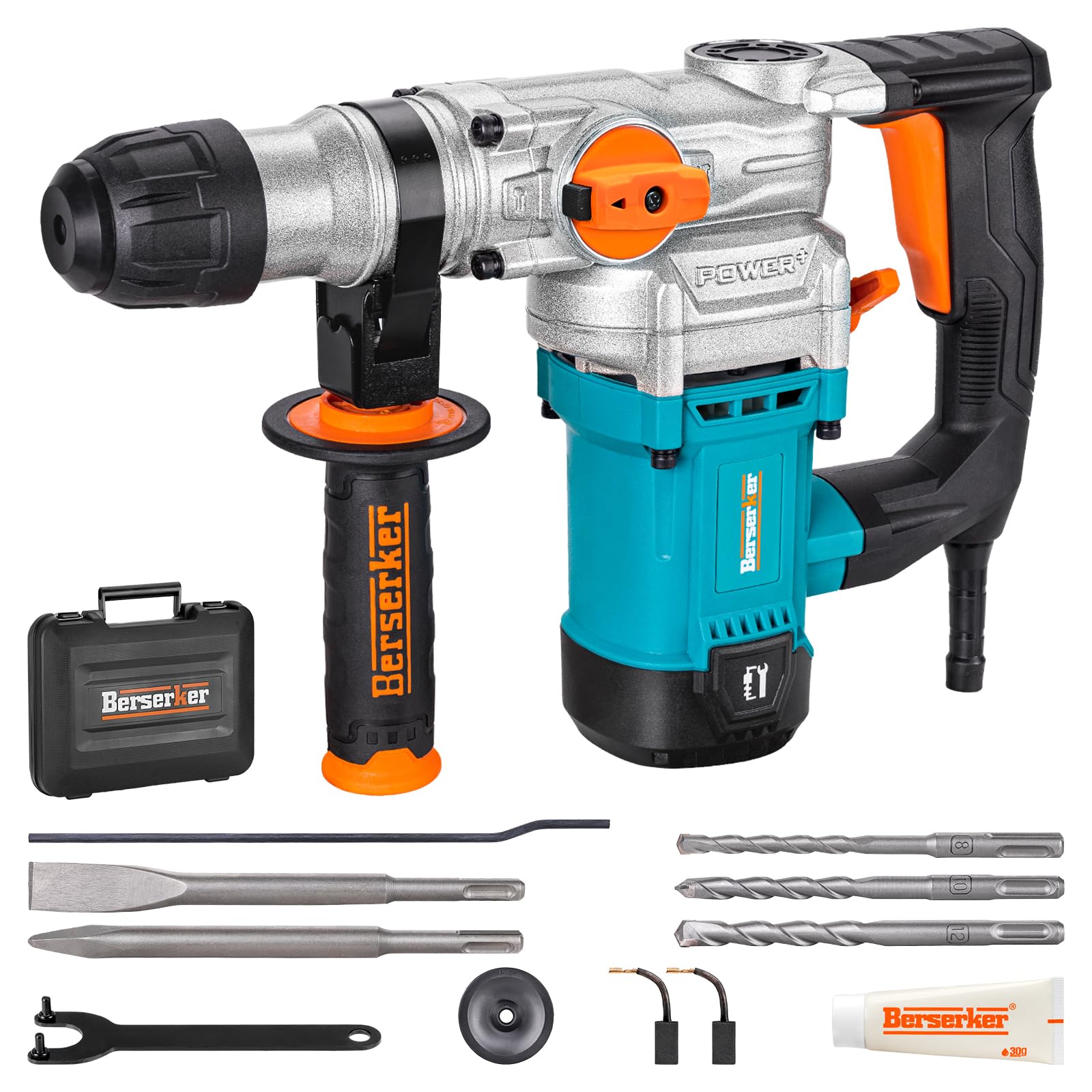 Berserker 1-1/8" SDS-Plus Rotary Hammer Drill with 1/2" Keyless Adapter | 1050W 9 Amp 3 Functions 9.5 lb. Corded Electric Safety Clutch Rotomartillo for Concrete Cement Masonry Drilling,Tile Removal