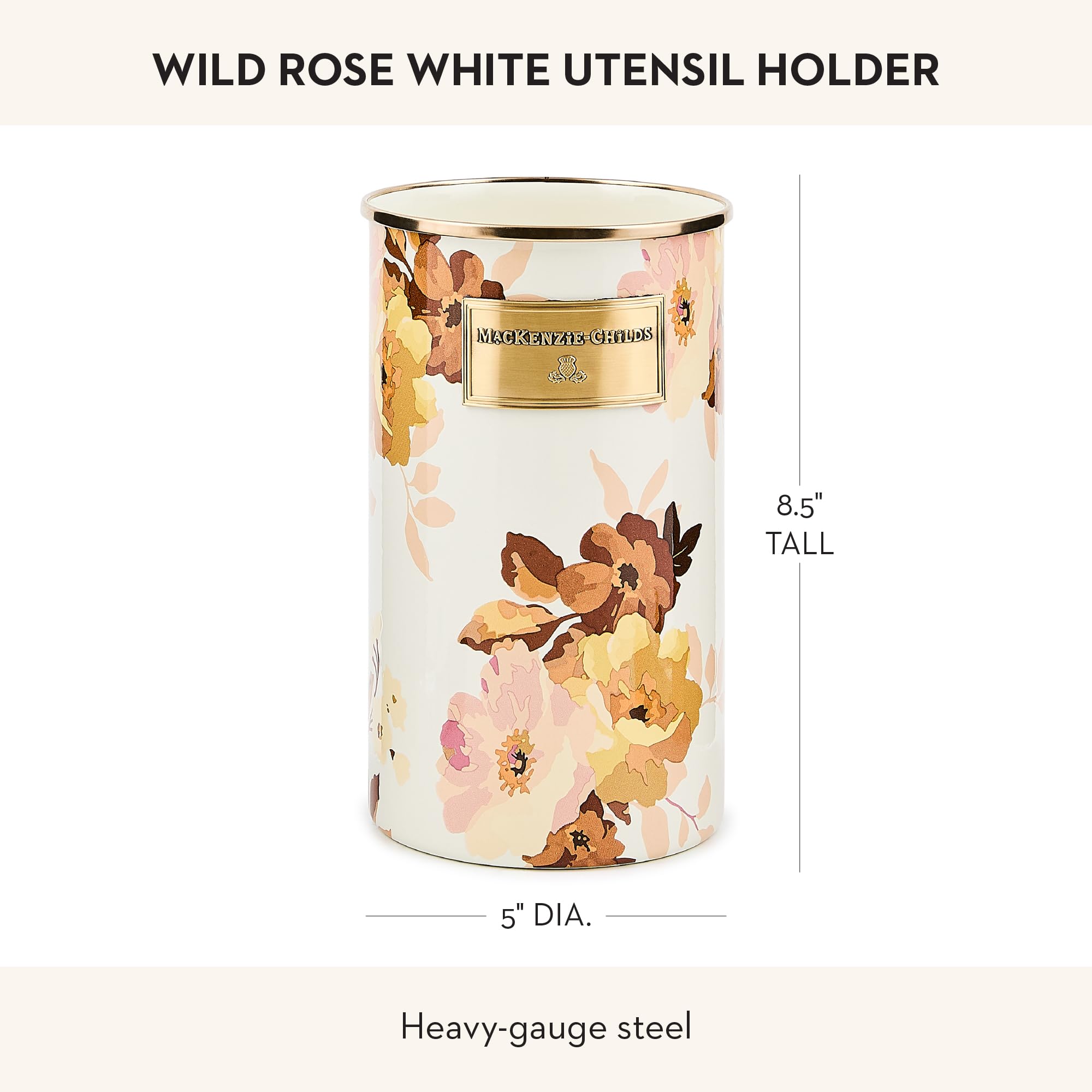 MACKENZIE-CHILDS Enamel Utensil Holder, Stylish Kitchen Countertop Organizer, Wild Rose Brown