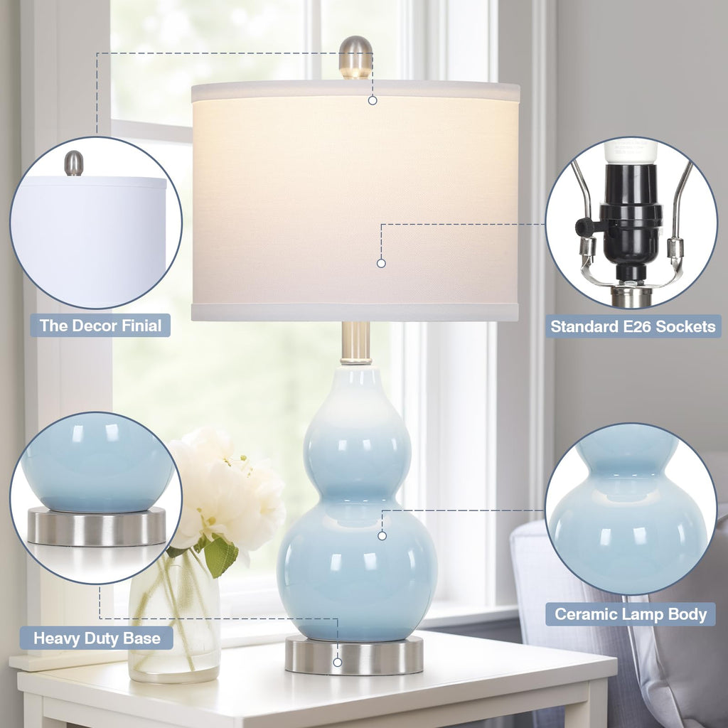 Rinweey Double Gourd Ceramic Table Lamps Set of 2, Modern Blue Bedside Lamps for Night Stand, Contemporary Nightstand Lamps for Bedroom Living Room (Bulb Included)
