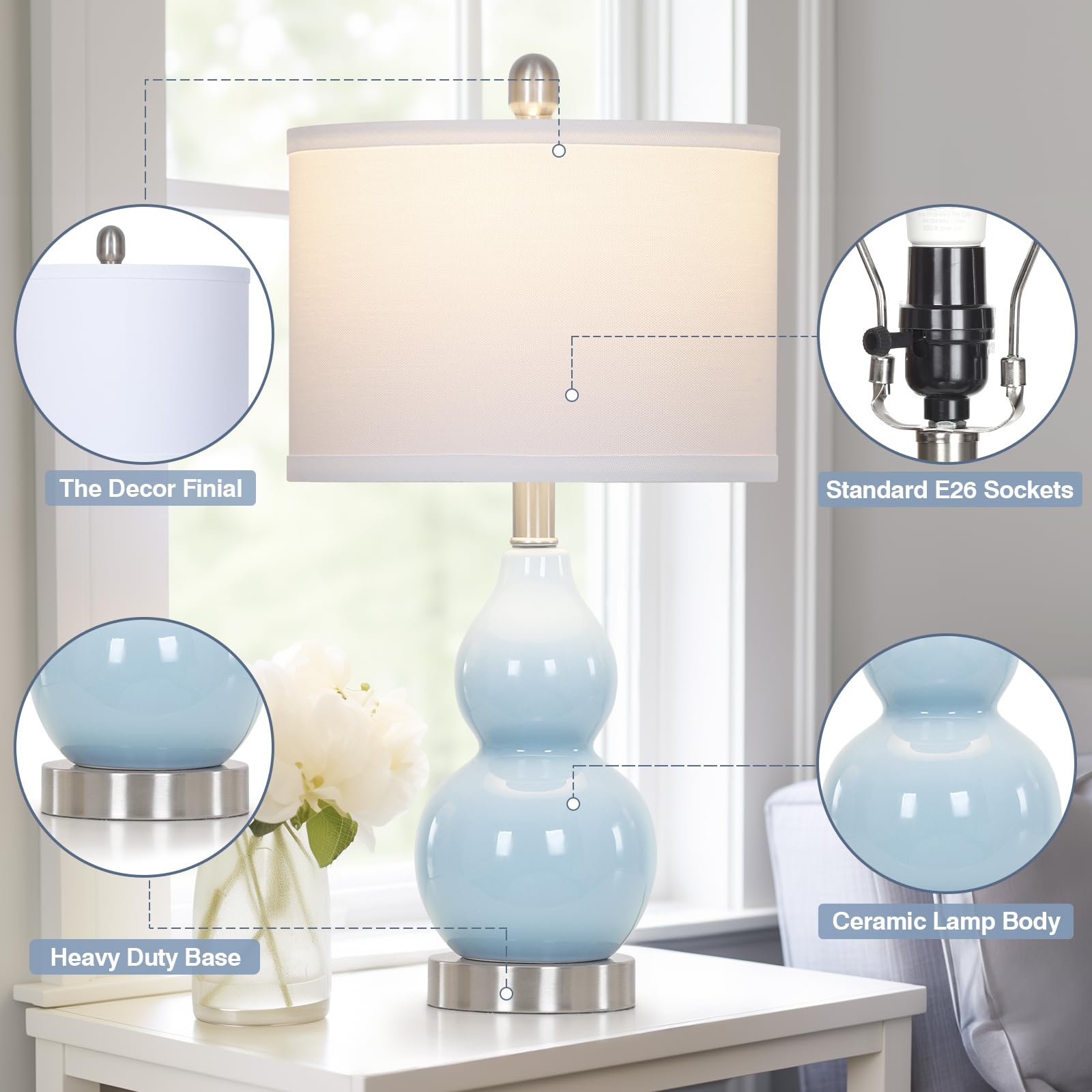 Rinweey Double Gourd Ceramic Table Lamps Set of 2, Modern Blue Bedside Lamps for Night Stand, Contemporary Nightstand Lamps for Bedroom Living Room (Bulb Included)