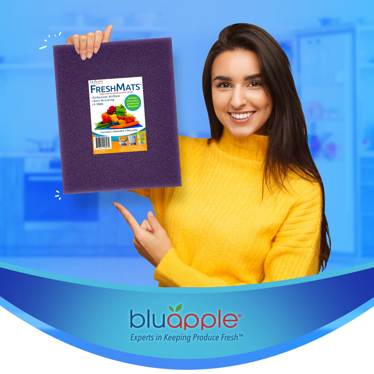 Bluapple FreshMats, Refrigerator Bin Liner, Fridge Drawer Mats, Crisper Life Extender Liner Keeps Produce Fresh Longer, Anti-Bruising, for Air Circulation, Washable & Reusable (4-Mats, 12x15, Black)