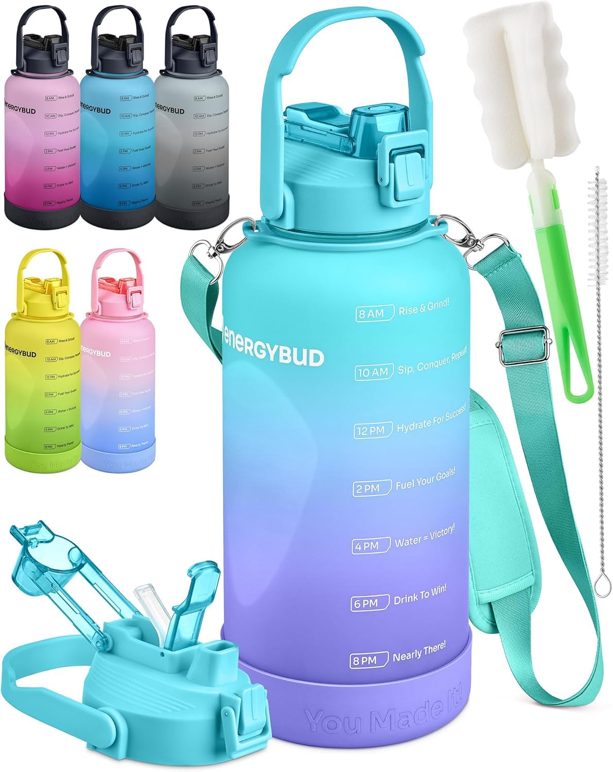 1/2 Gallon Water Bottle with 74.3 oz Capacity - Motivational Time Markers for Daily Hydration Goals - Leakproof BPA Free Tritan with Removable Straw