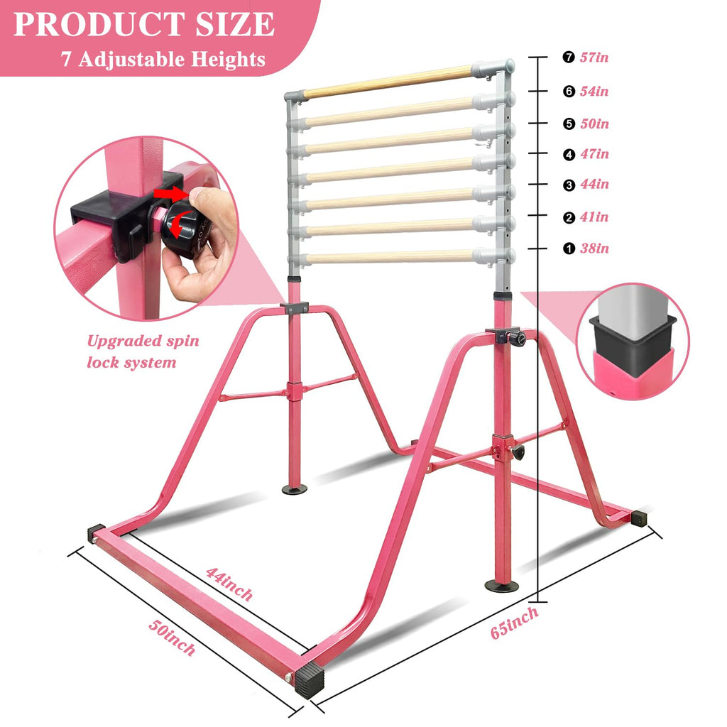 Foldable & Moveable Gymnastics Horizontal Bar with Rings,3’to 5’Adjustable Height Expandable Junior Kip Bar for Home,Indoor Gym Equipment for Kids