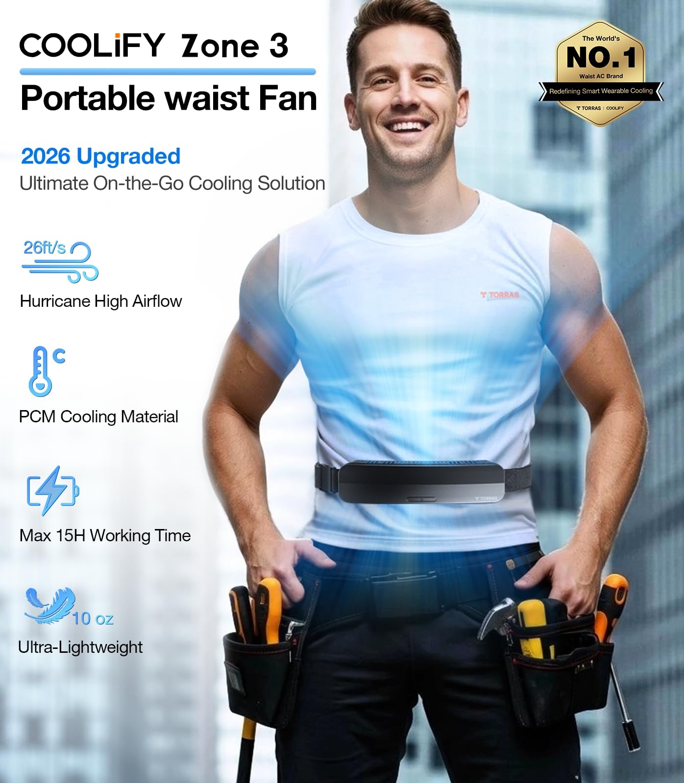 TORRAS 2026 Top Portable Waist Fan COOLiFY Zone 3, Ultra-Light Personal Wearable Belt Fan, 26ft/s Strongest Wind for Full Body Cooling【No.1 Cooling Area & Cool Tech】 Rechargeable for Outdoor/Jobsite
